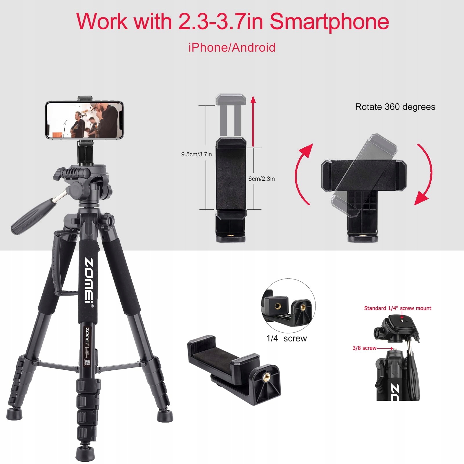 ZOMEI Profesjonalny Statyw Podróżny 188cm Do DSLR/Telefonów/Projektorów — miniatura 7