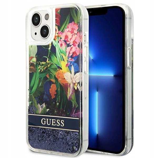 Pouzdro Guess Flower Liquid Glitter na iPhone 14 modré