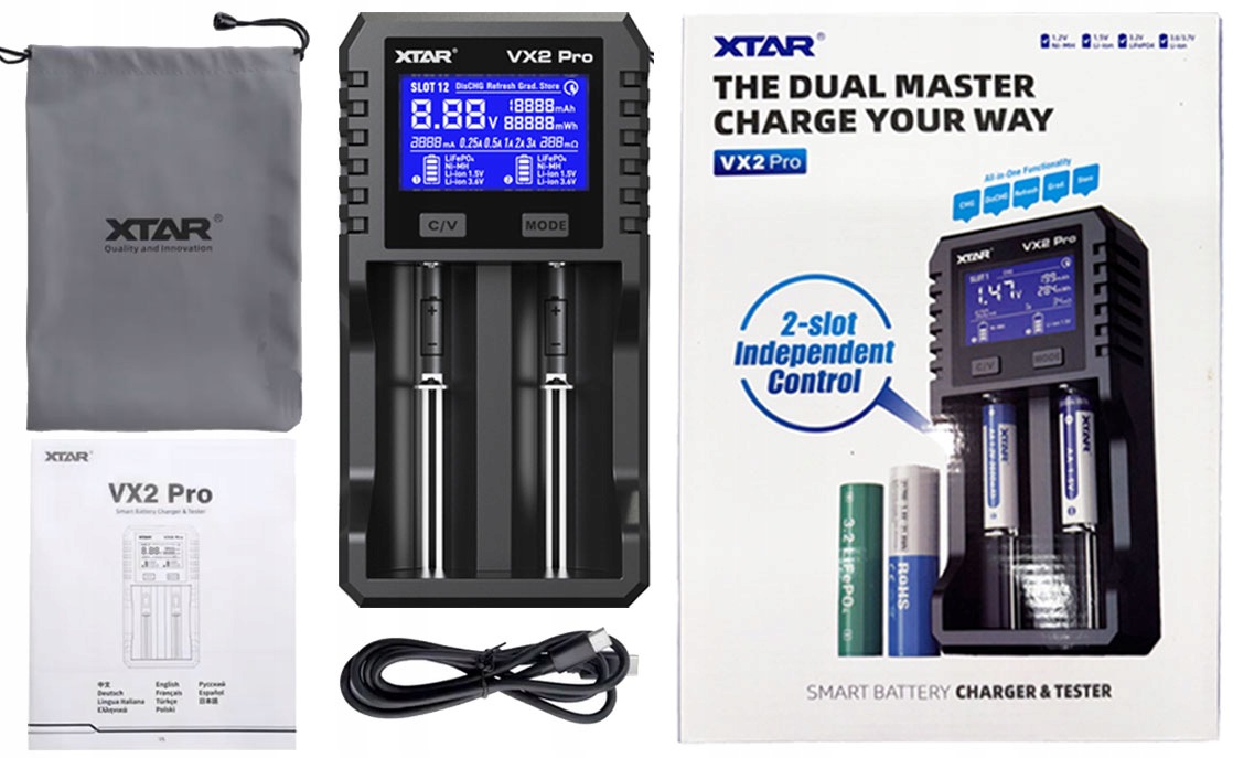Ładowarka Xtar VX2 Pro AA/AAA/10440-32650 1,5V/3,6V Li-ION/ LiFePO4/ Ni-MH