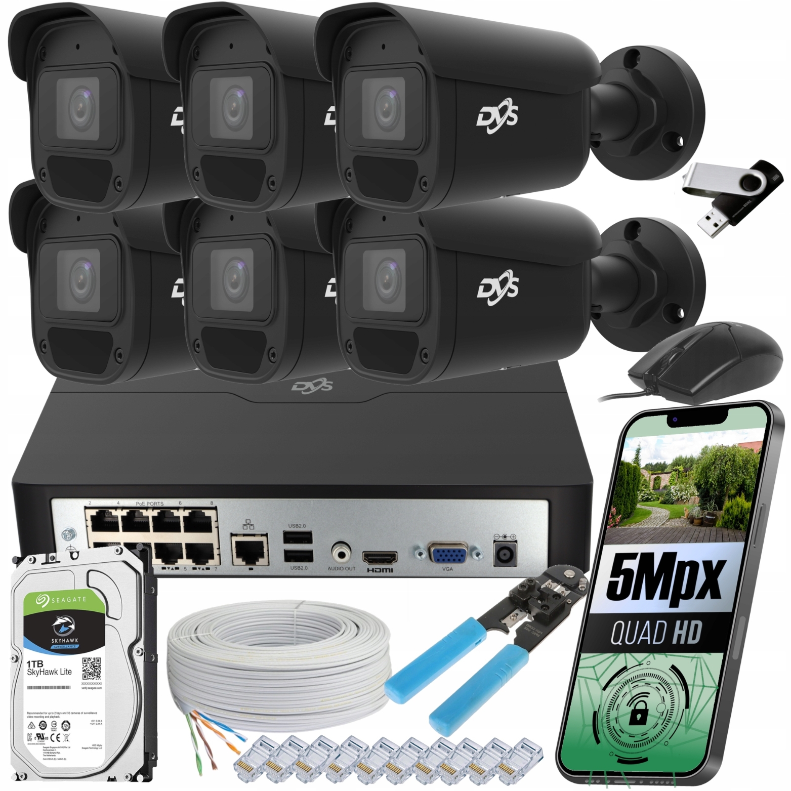 Sada Kamer Ip 6 Černých Venkovních Kamer Ip Poe Pro Monitorování 5MPX 1TB