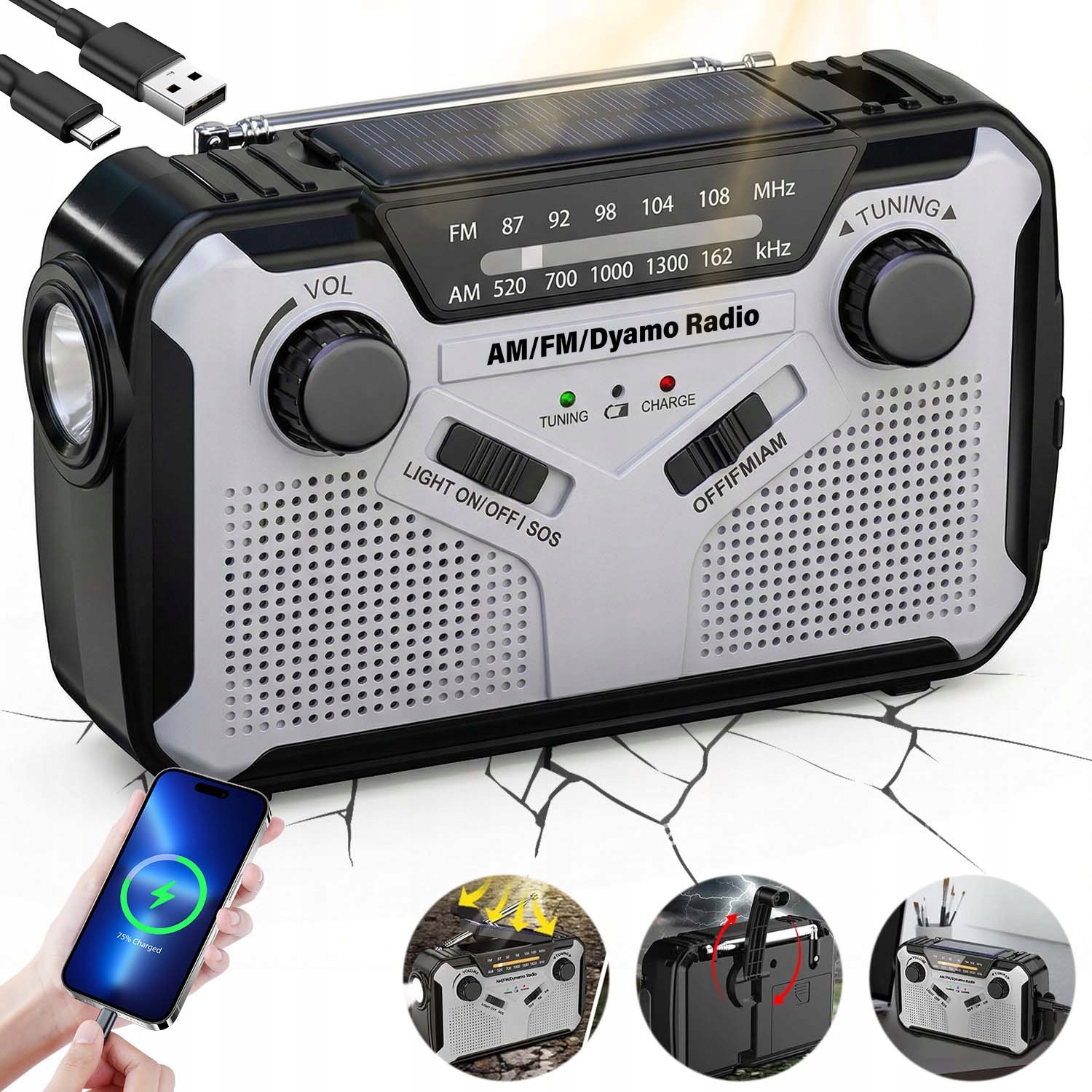 Nouzové Rádio Solární Počasí Am Fm Omáčka S Usb Nabíječkou 2500MAH, 4 Režimy