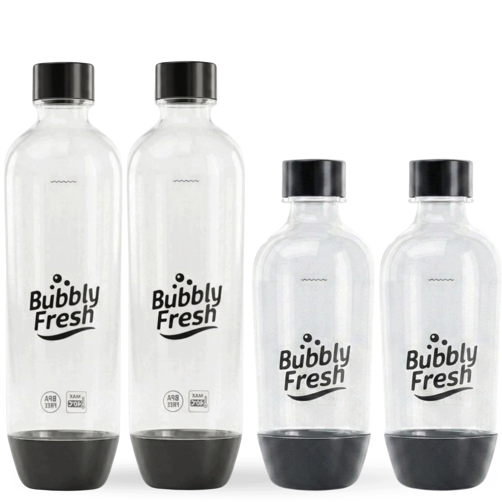 4 černé lahve BubblyFresh na vodu do saturátoru SodaStream 2 x 1 l, 2 x 0.5 l