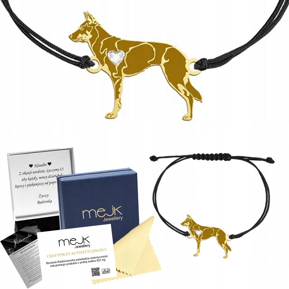 Zlatý náramek se psem Australian Kelpie 925 šňůrka Žena Gravírování