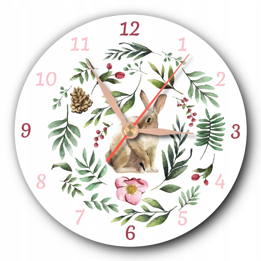 Okrągły ścienny cichy leśny zegar zając królik las