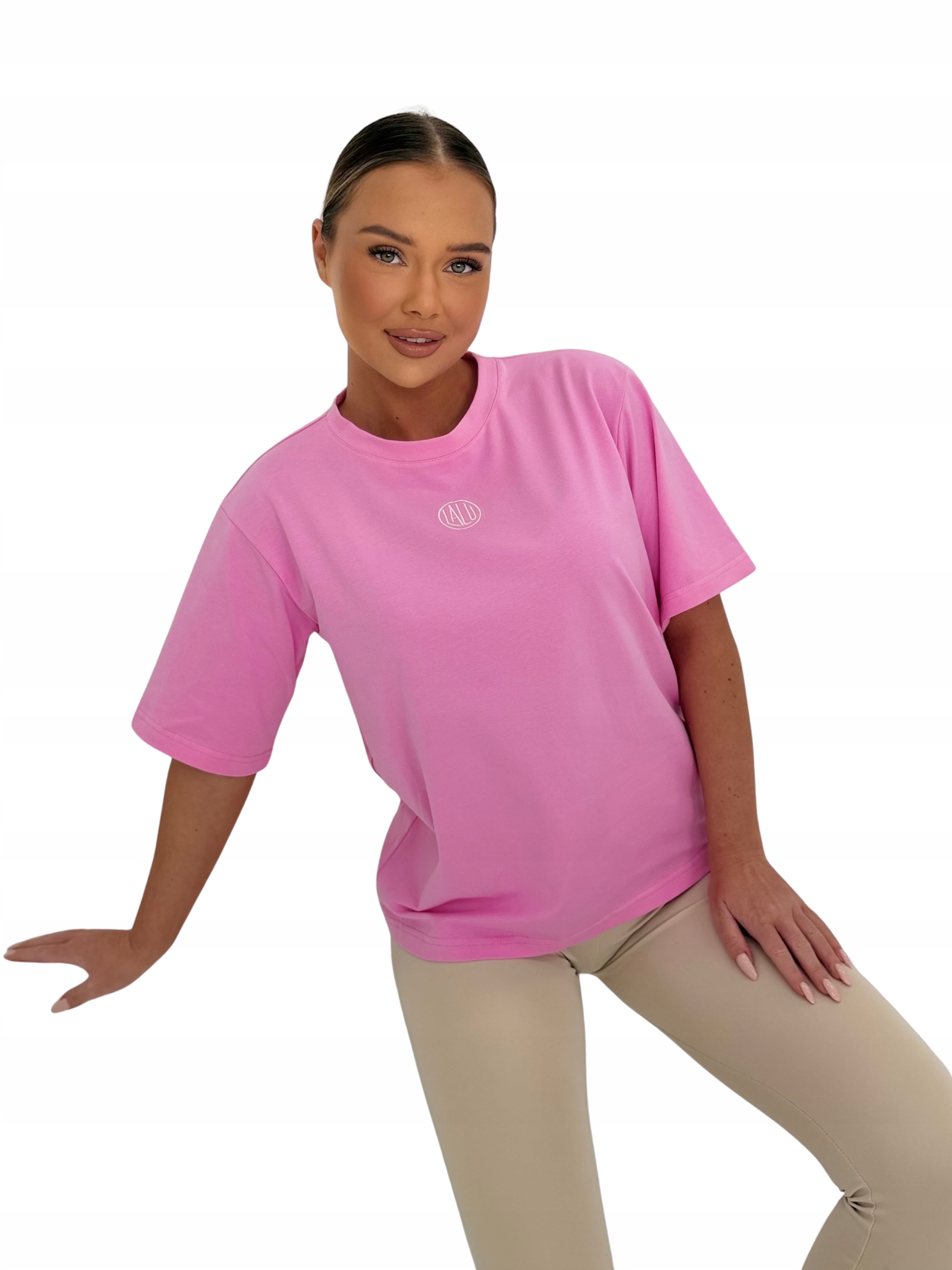 Tričko s krátkým oversizeem LaLu s kulatý výšivkou, růžové