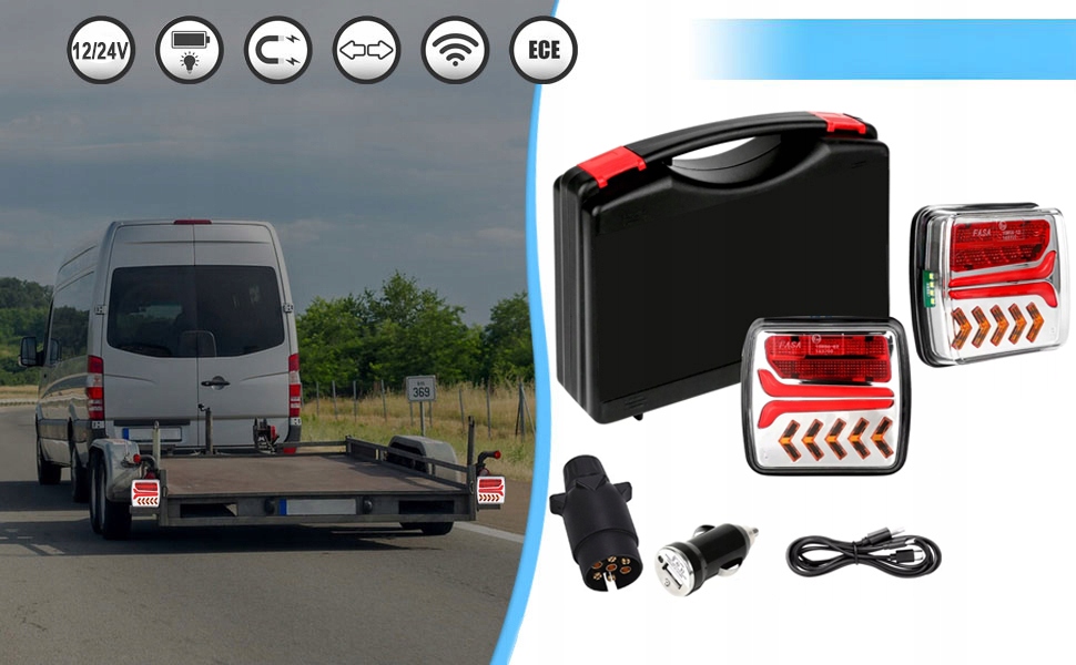 Belaidžių magnetinių priekabos LED žibintų komplektas, 12–24 V, 7 kontaktų, IP65, 4 funkcijų, 2000 mAh, su numerio apšvietimu