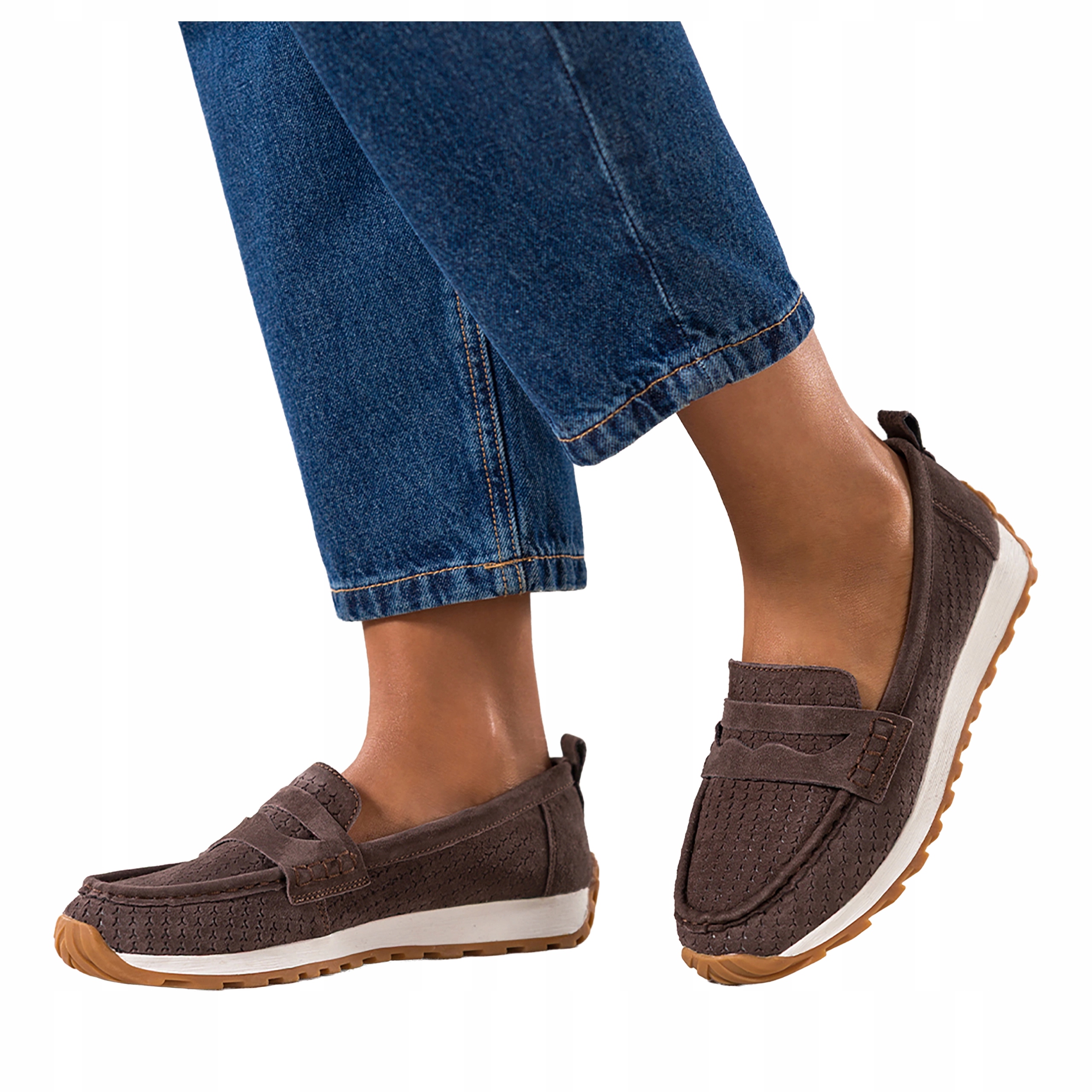 Čokoládové Mokasíny Dámské Kožené Ažurové Na Platformě Pohodlné vel 38