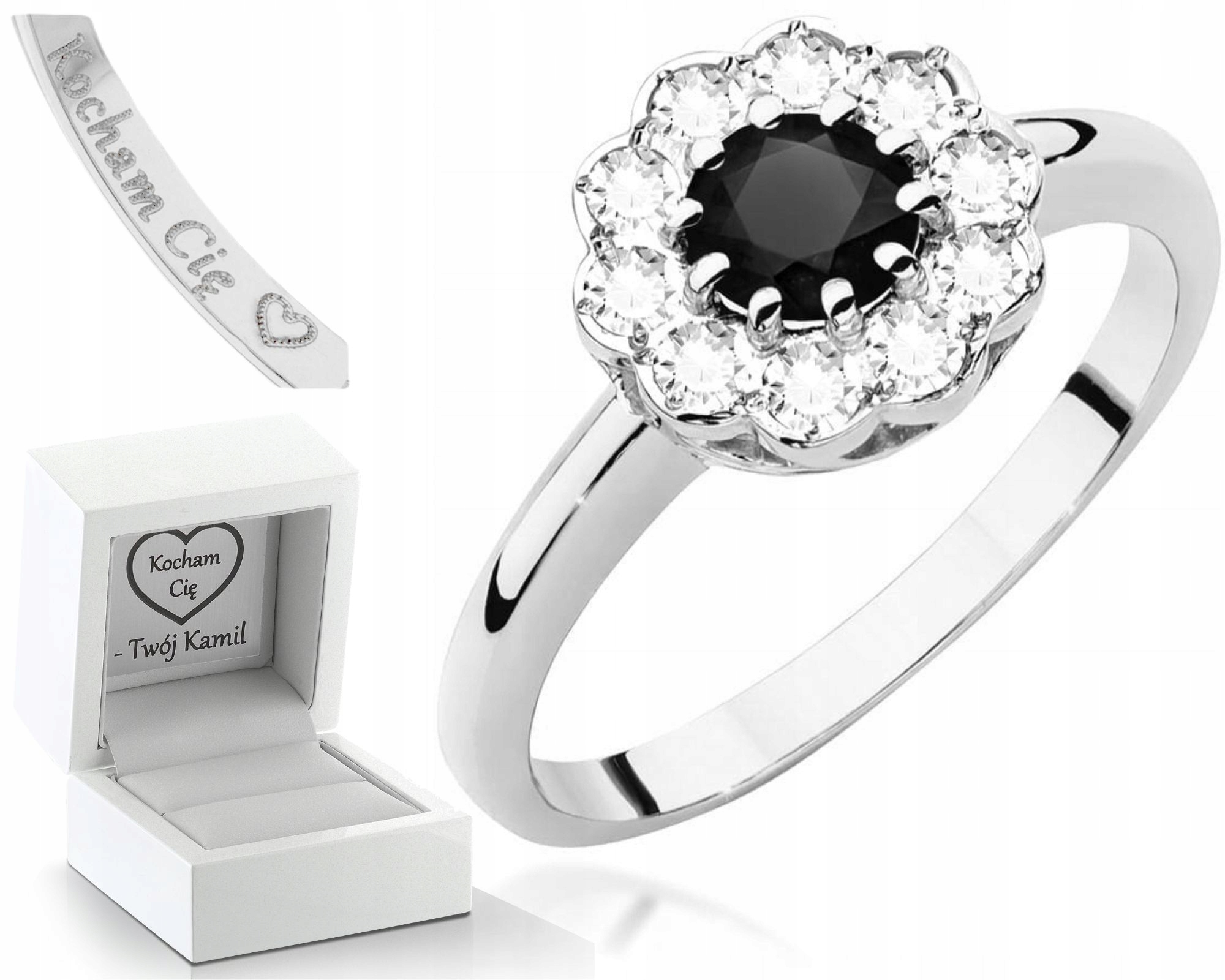 Bílé Zlato Prstýnek Černý Briliant A Diamanty Gravírování 585 Bonus Dárek