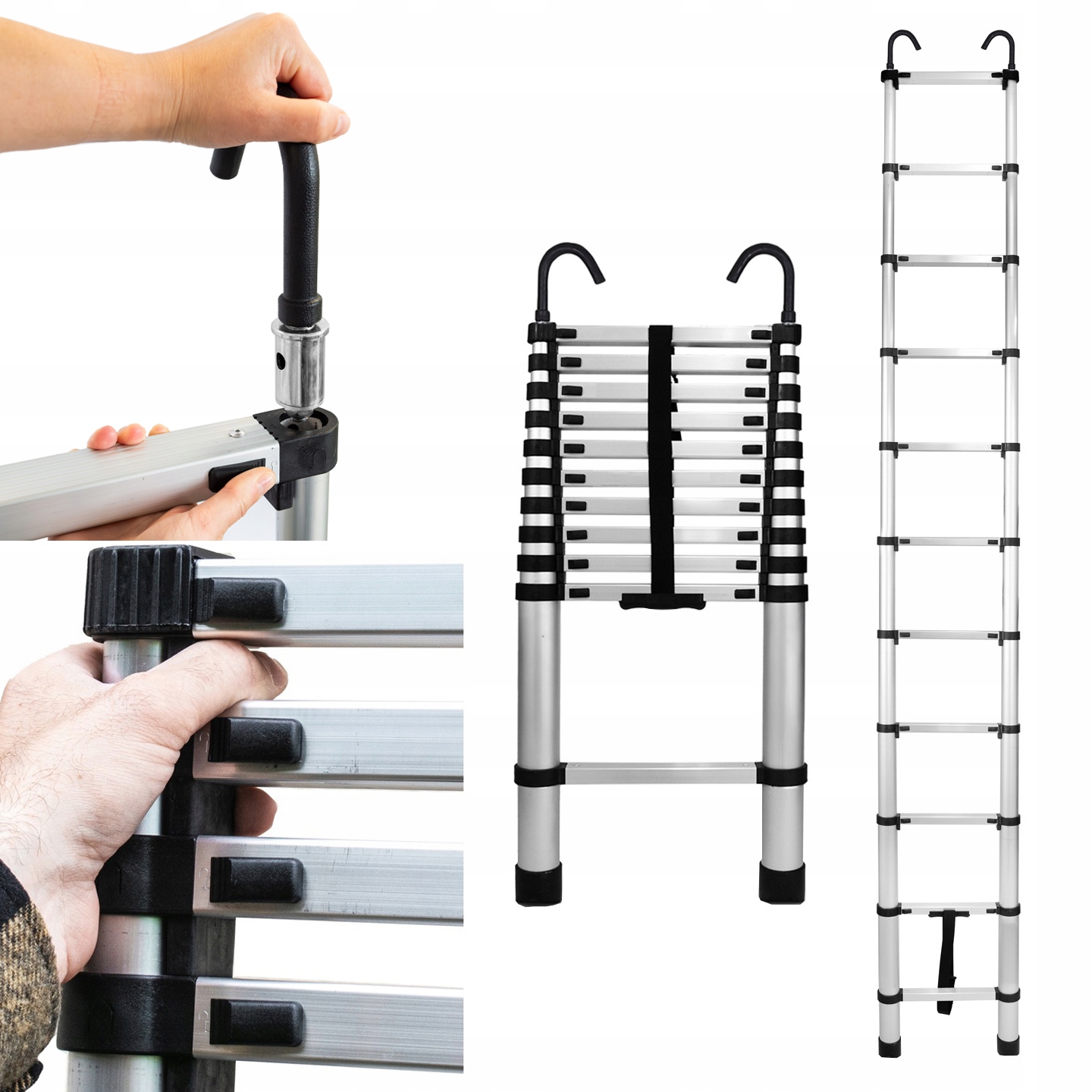 Hliníková teleskopická rebríková tyč s nárazníkmi a Hakami, 11 priečok, 3,2