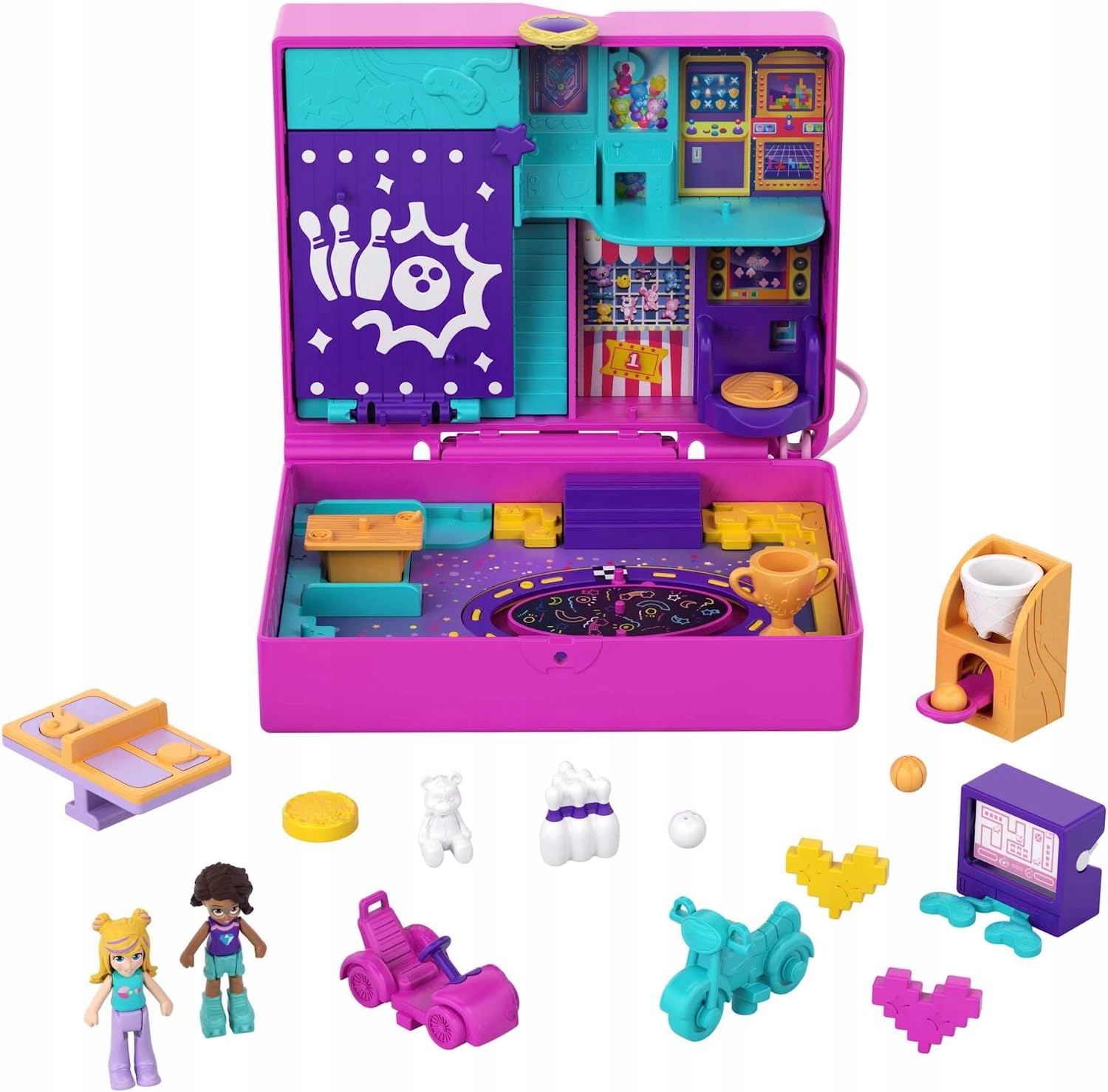 POLLY POCKET WIECZÓR GIER SKŁADANY SALON MATTEL LALECZKI MOTOCYKL GOKART Marka Mattel