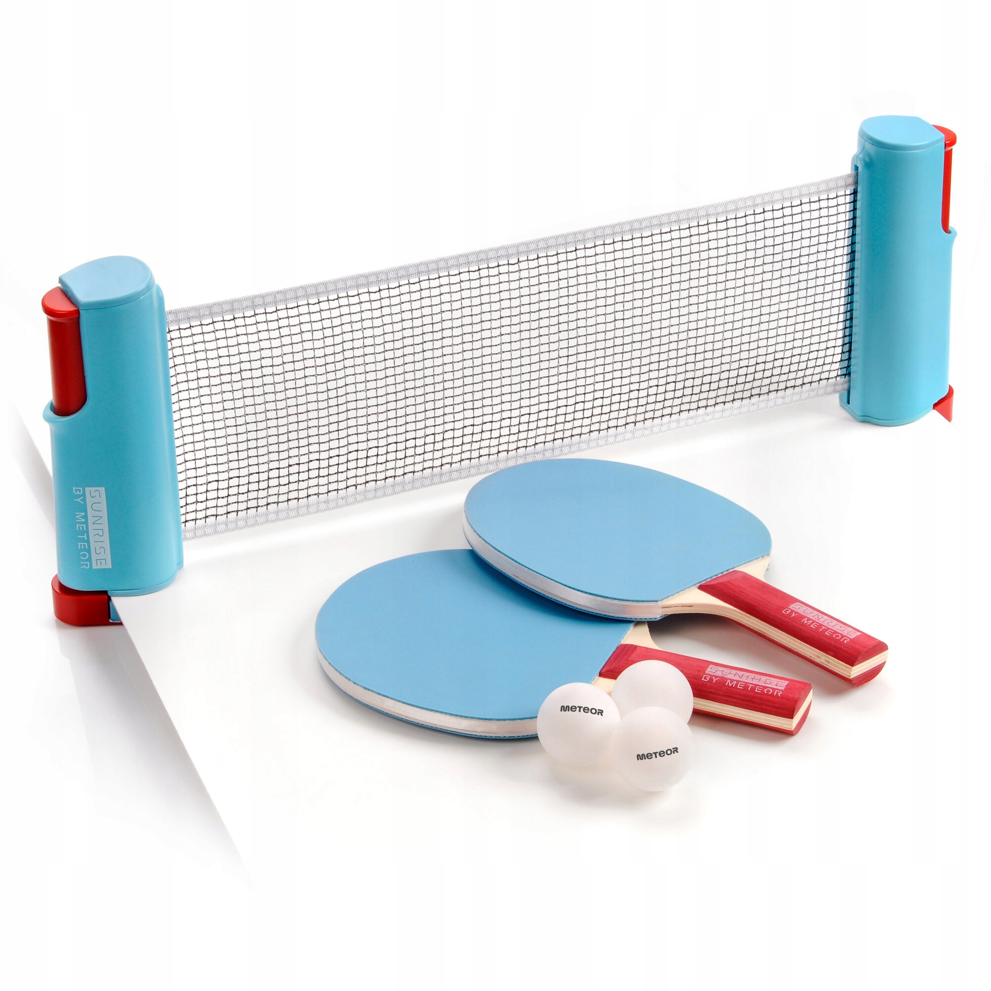 Zestaw tenis stołowy 2 rakietki siatka 3 piłki Ping-Pong Meteor Rollnet