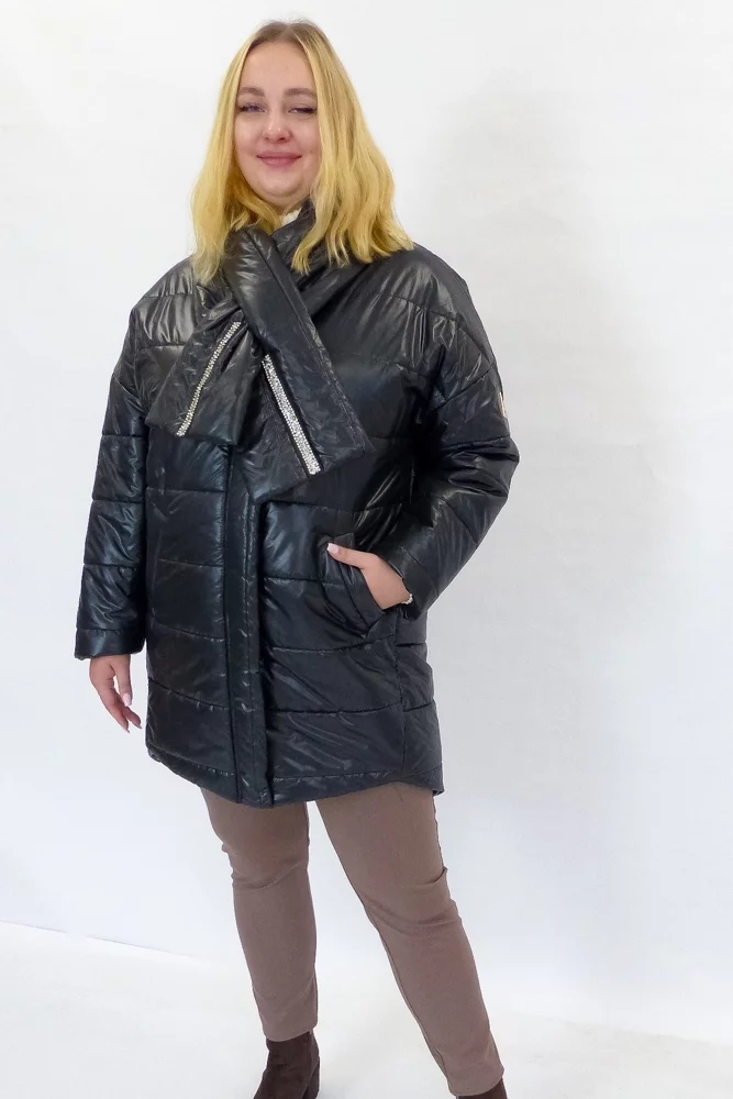 Dlouhá Zimní Bunda dámská s kapucí a šálou, černá, velikost 44