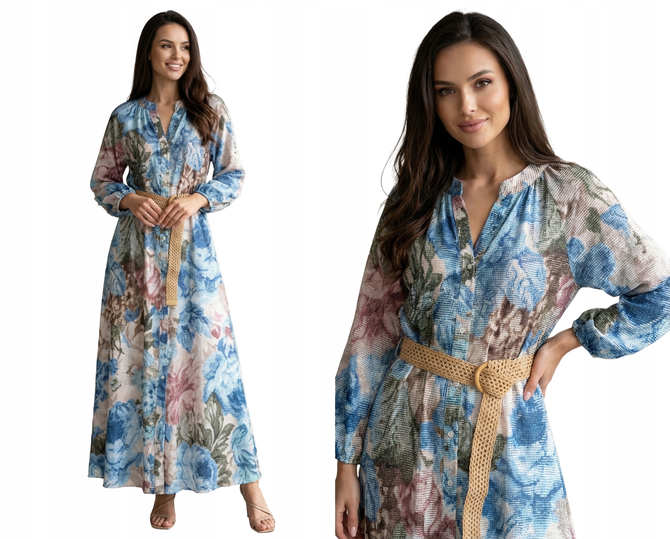 Šaty Maxi Elegantní S Květinami Boho, Dlouhé, Vzdušné Premium, Modré