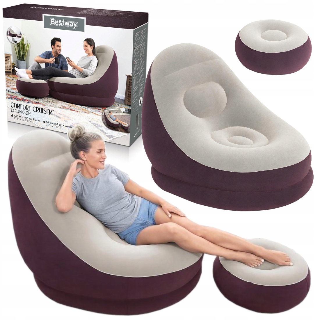 FOTEL DMUCHANY PUFA + PODNÓŻEK Welurowy Zestaw Wypoczynkowy Bestway 75053 Stan opakowania oryginalne