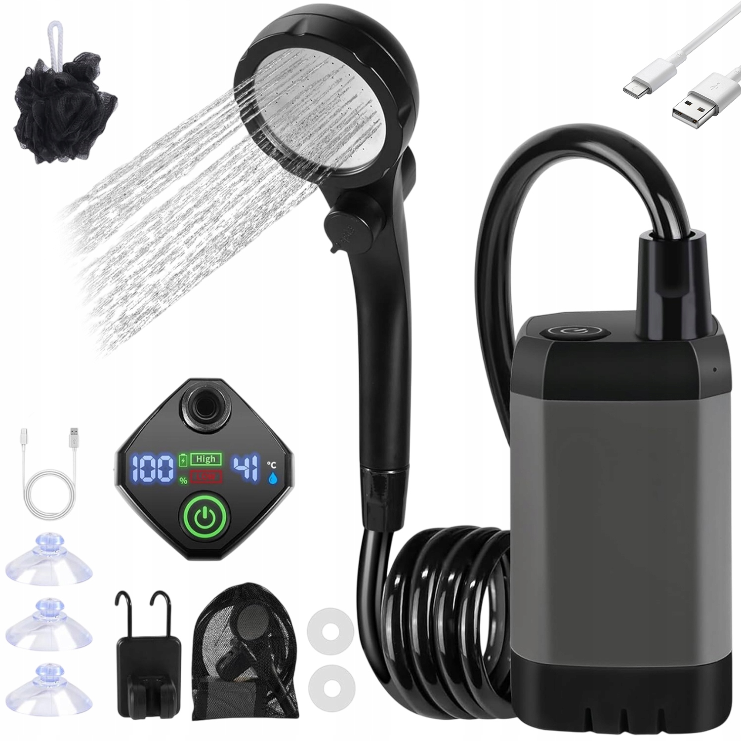 Prysznic Turystyczny Kempingowy Usb Pompką Wodoodporny 4 Tryby Wydatku Wody