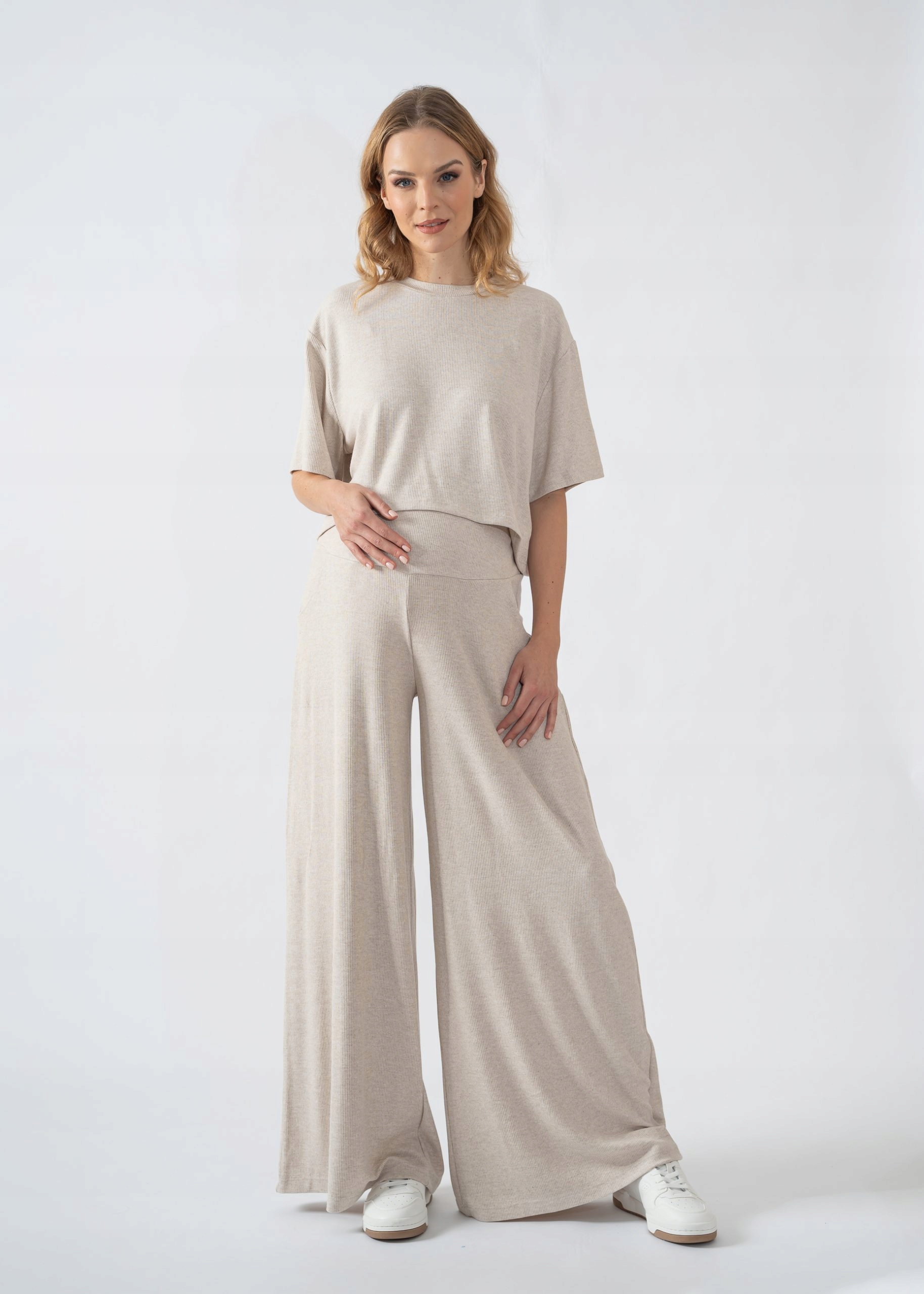 WISKOZOWE BEŻOWE SPODNIE CIĄŻOWE Z SZEROKĄ NOGAWKĄ M