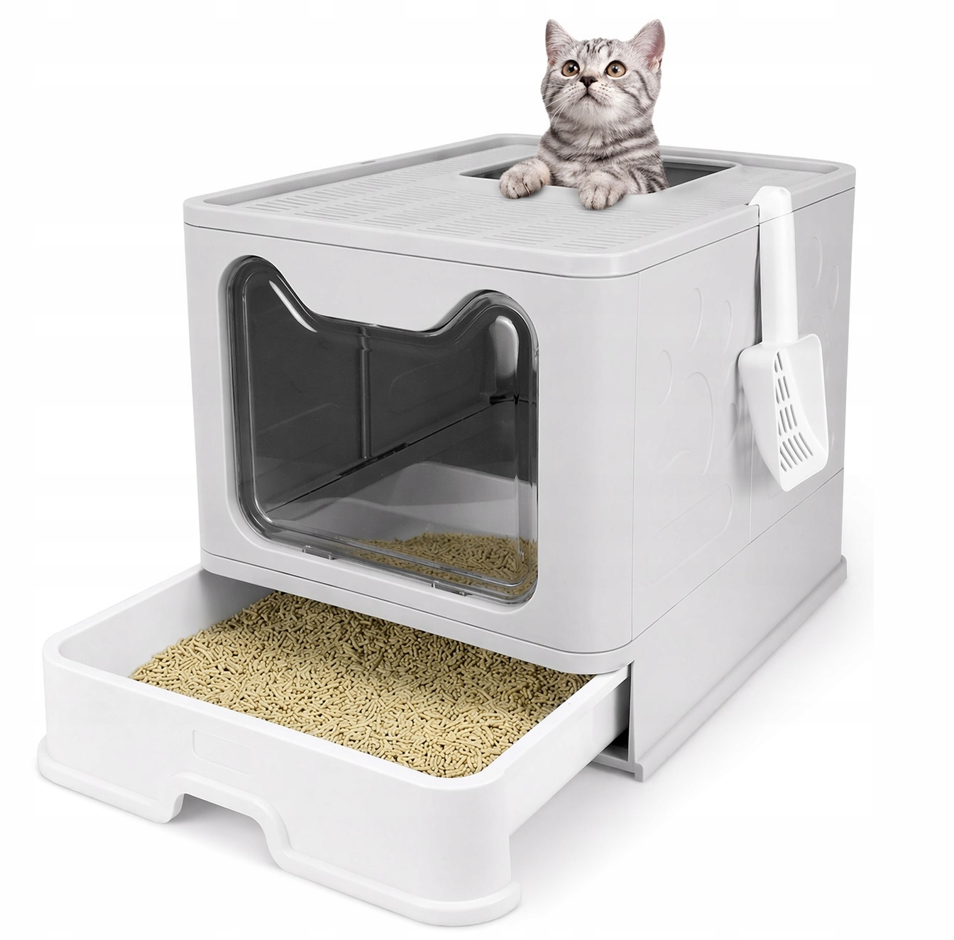 Velká toaleta pro kočky s krytem a zásuvkou uzavřená záchodová lopatka F055