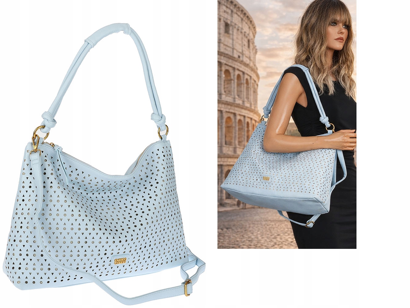 Torebka Damska Włoskiej marki Enrico Coveri Ażurowa Worek EC6272 niebieska