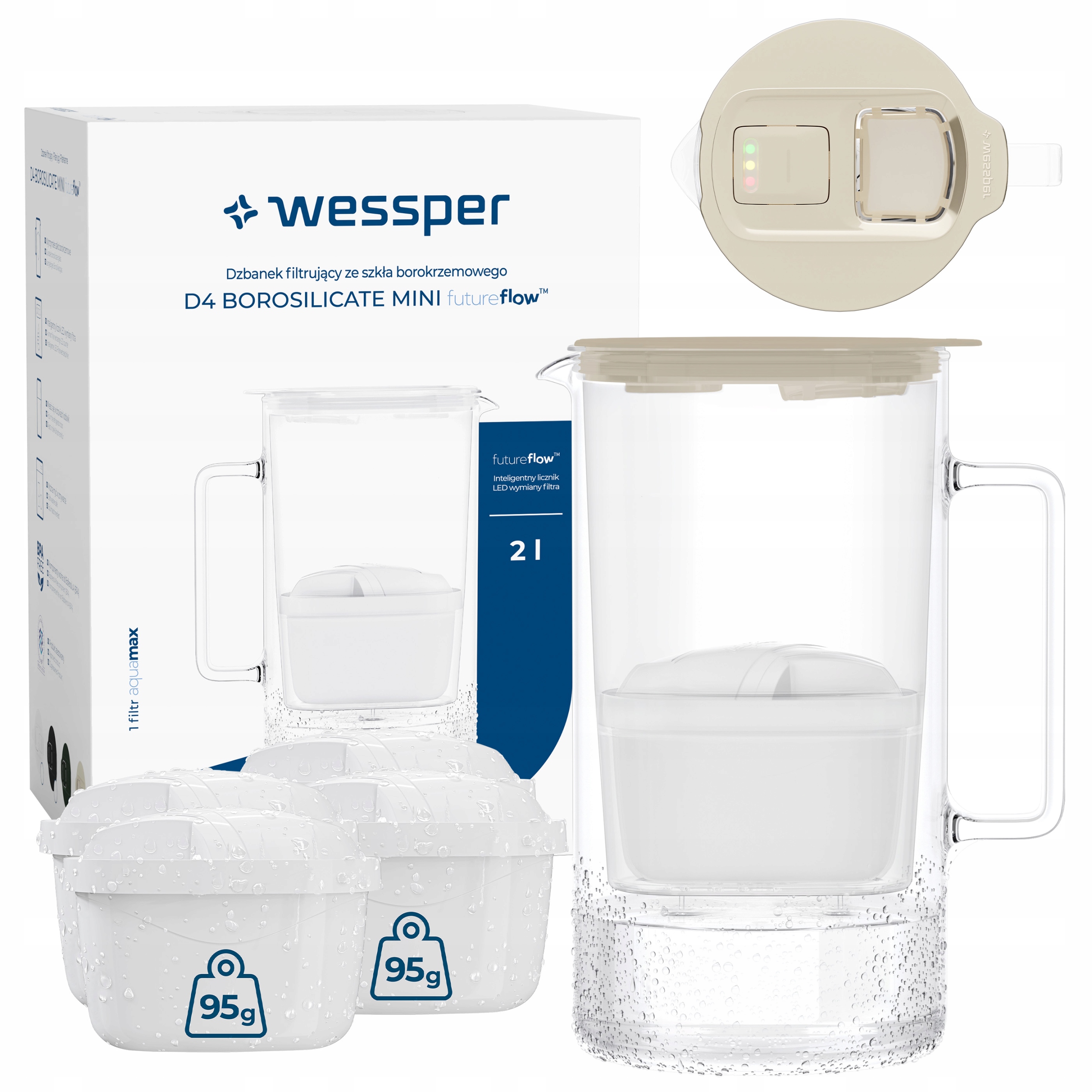 Szklany dzbanek filtrujący Wessper D4 Borosilicate Mini 2l 5x filtr