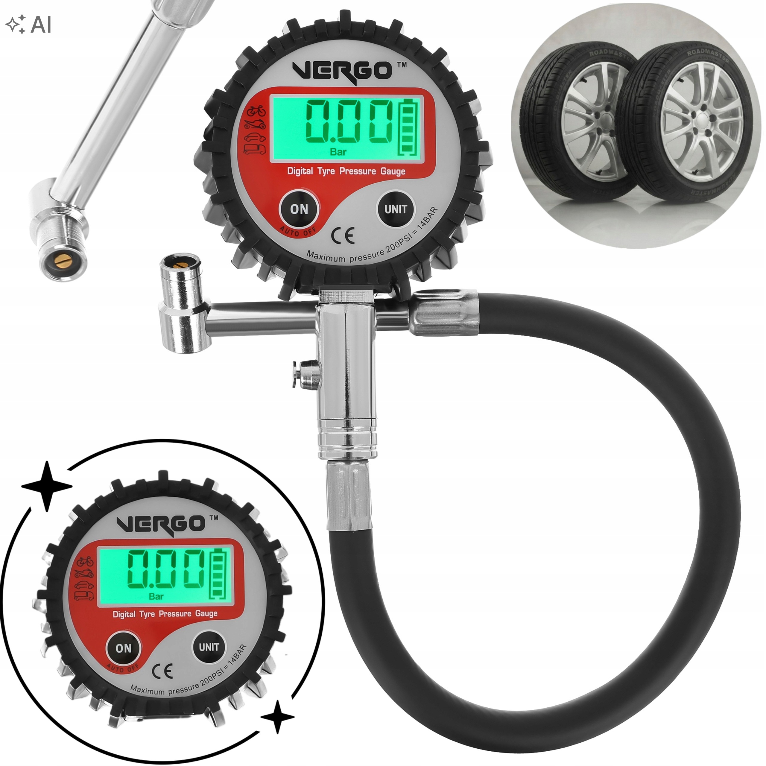 Manometr Cyfrowy Do Opon Kół Wąż Gumowy 30cm Miernik Ciśnienia Bar Psi LCD