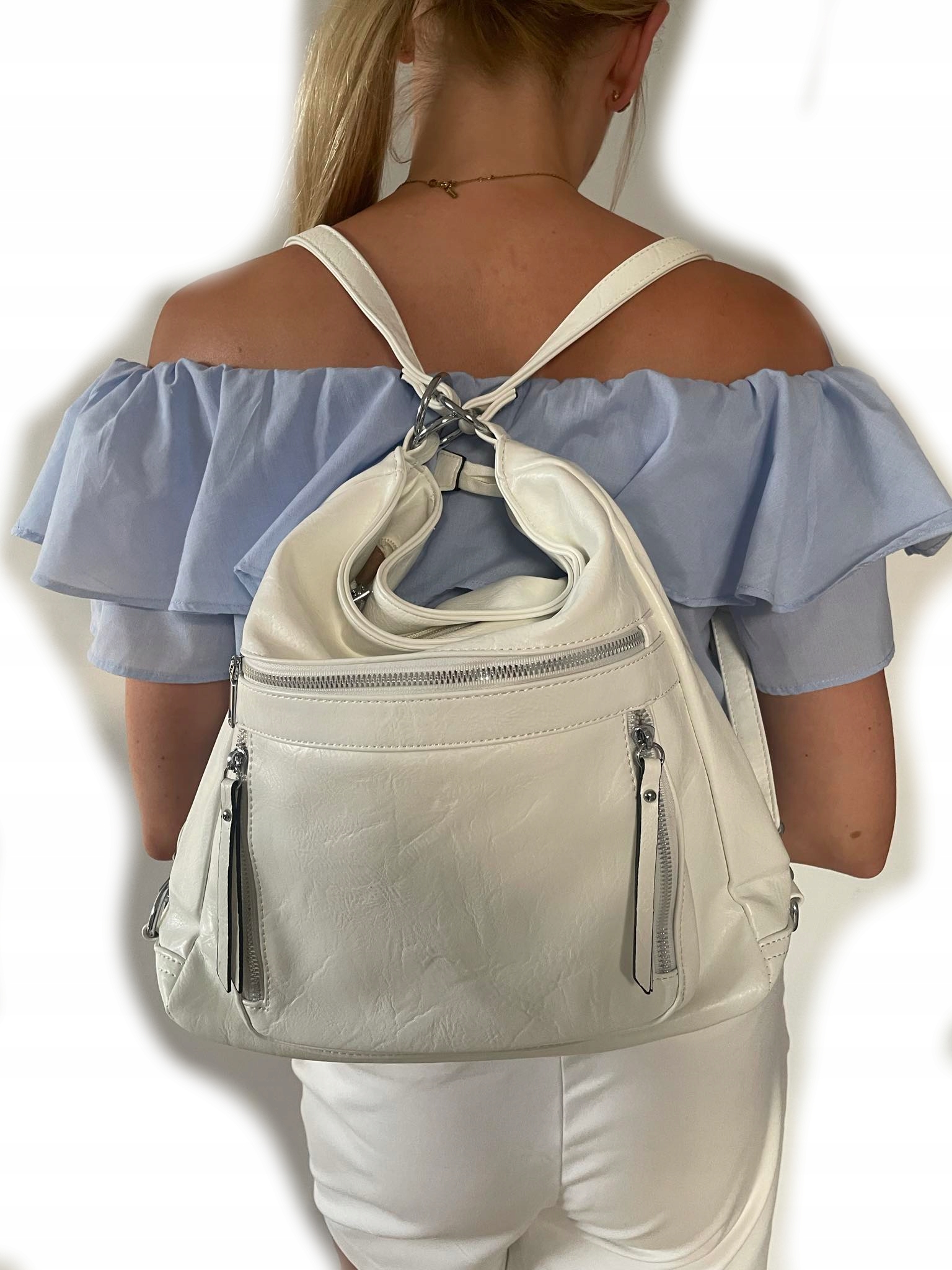 biała torebka damska WOREK PLECAK dużo kieszonek Kolor biały