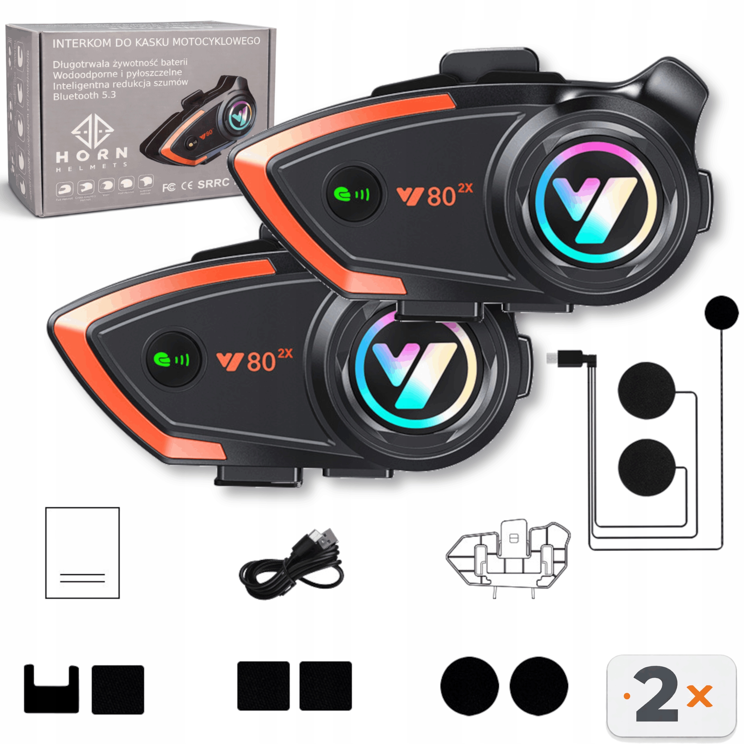 Motocyklový interkom Horn V80 sada 2× Bluetooth 5.3 polský asistent 1000 m