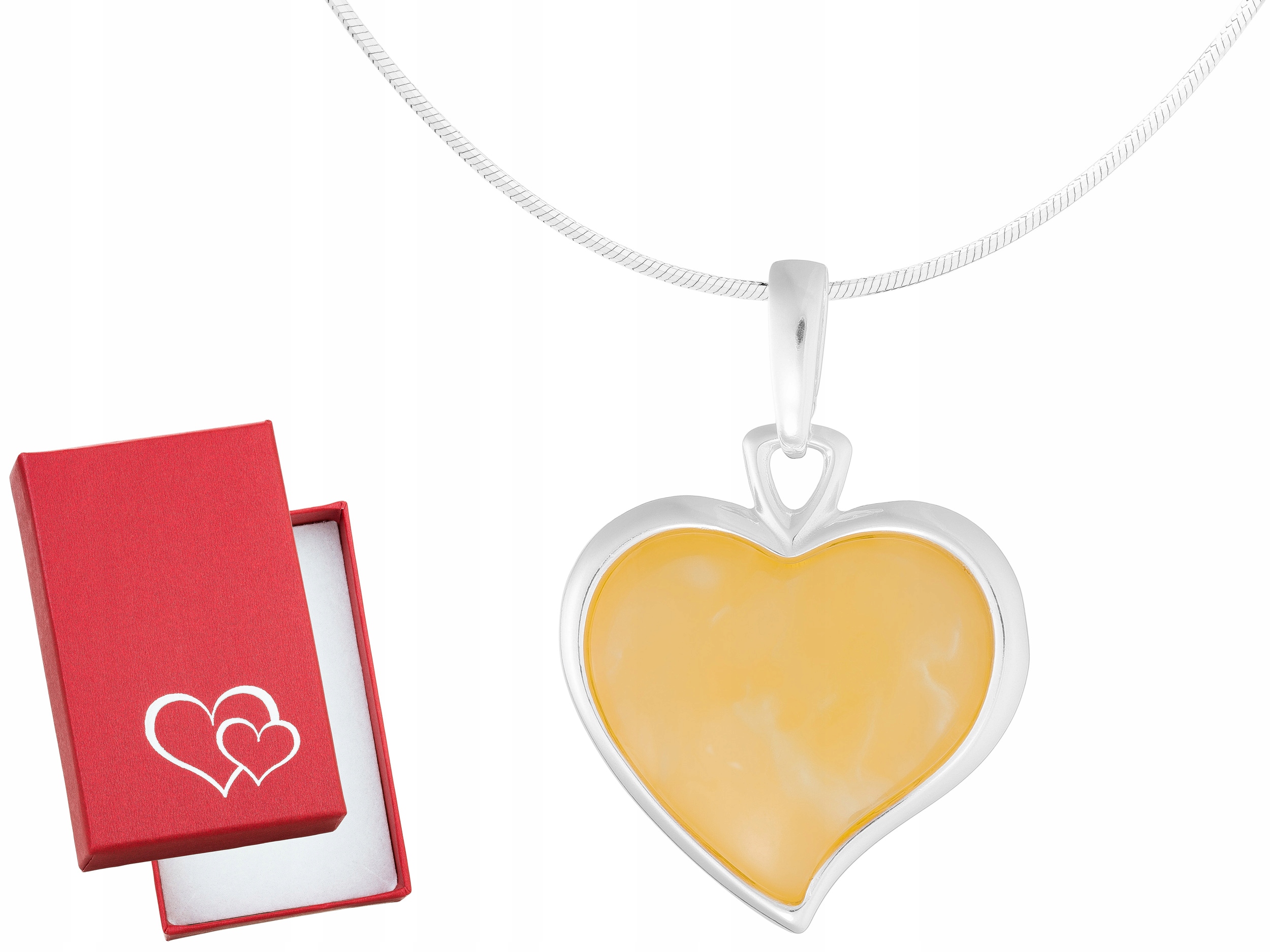 Dlouhý stříbrný dámský náhrdelník s velkým srdcem a mléčným jantarem Stříbro 60