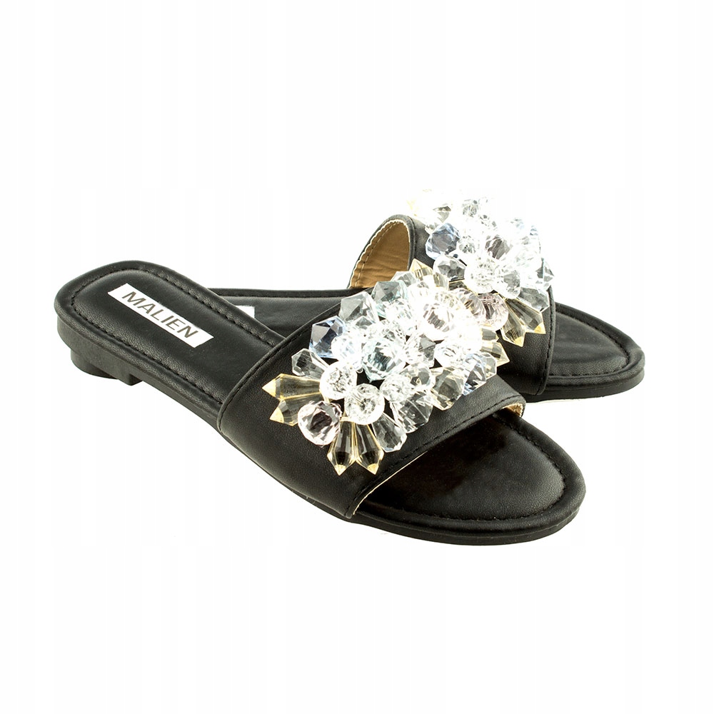 CZARNE KLAPKI DAMSKIE Z KAMIENIAMI ELEGANCKIE WYGODNE LETNIE LATO 40