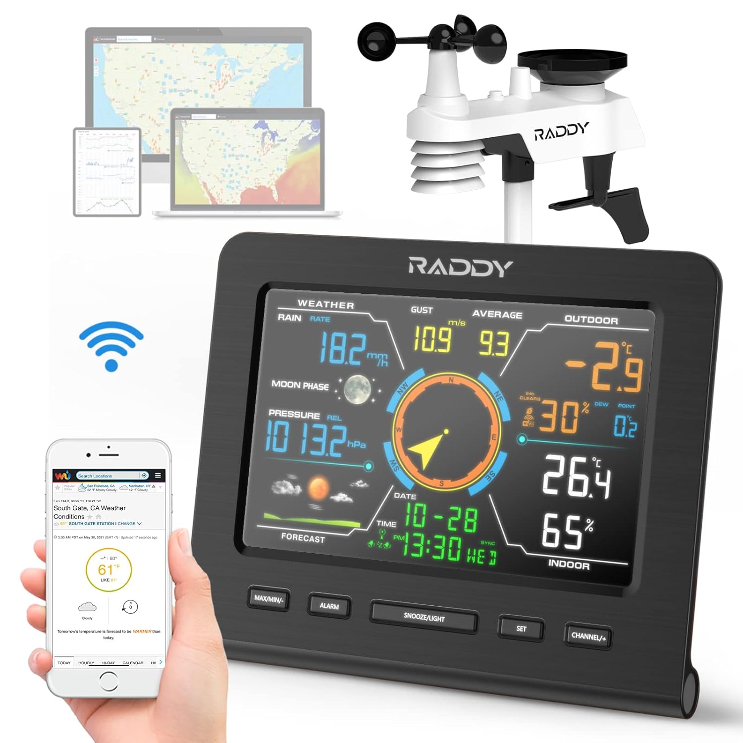 Raddy WF-100C Lite meteorologická stanice 13v1 bezdrátový dům zahrada předpověď