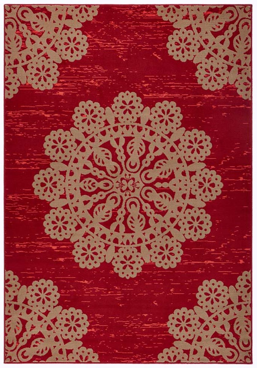 Moderní červený koberec do obývacího pokoje s měkkým vlasem, vzor mandala 120 x 170 cm