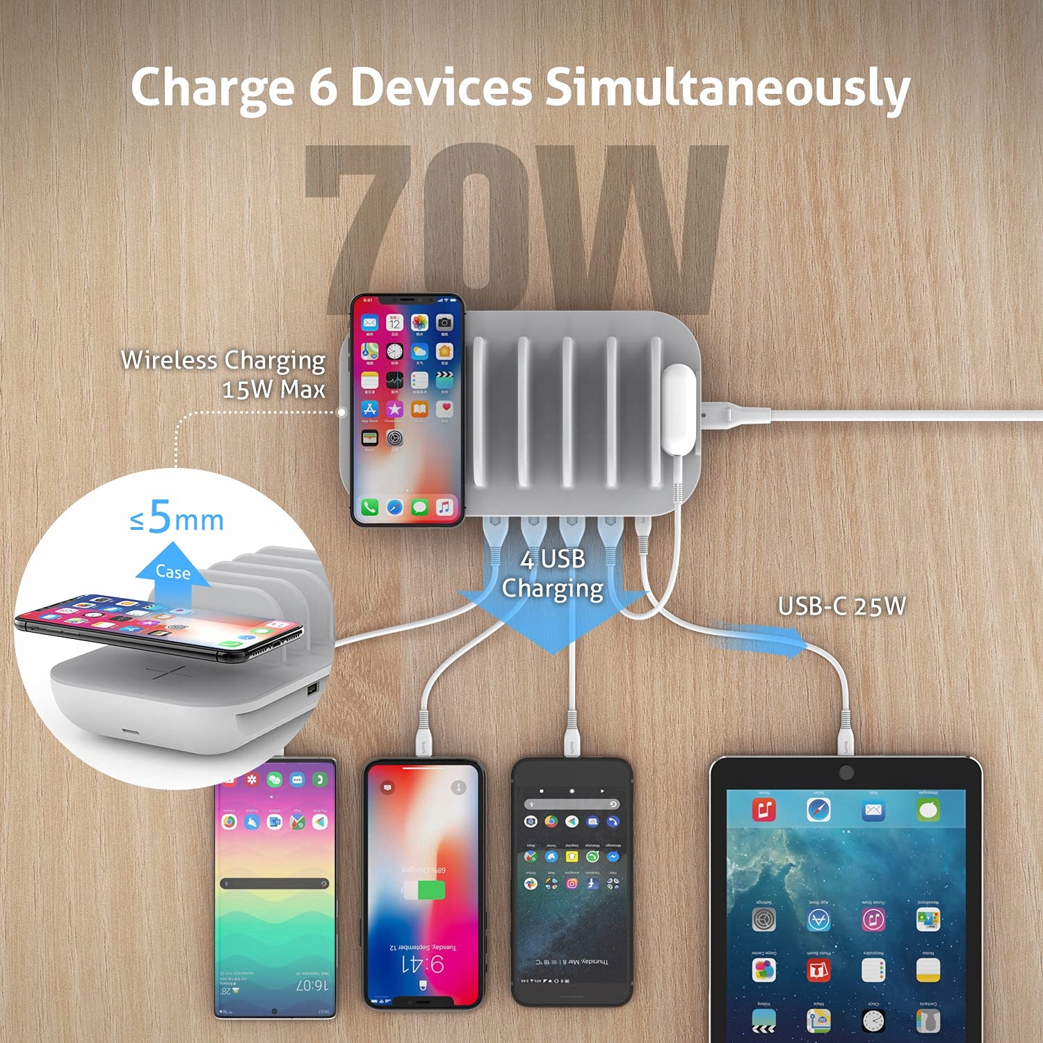 SOOPII Stacja Ładowania 70W 5 Portów Z Ładowarką Bezprzewodową 15W — miniatura 2