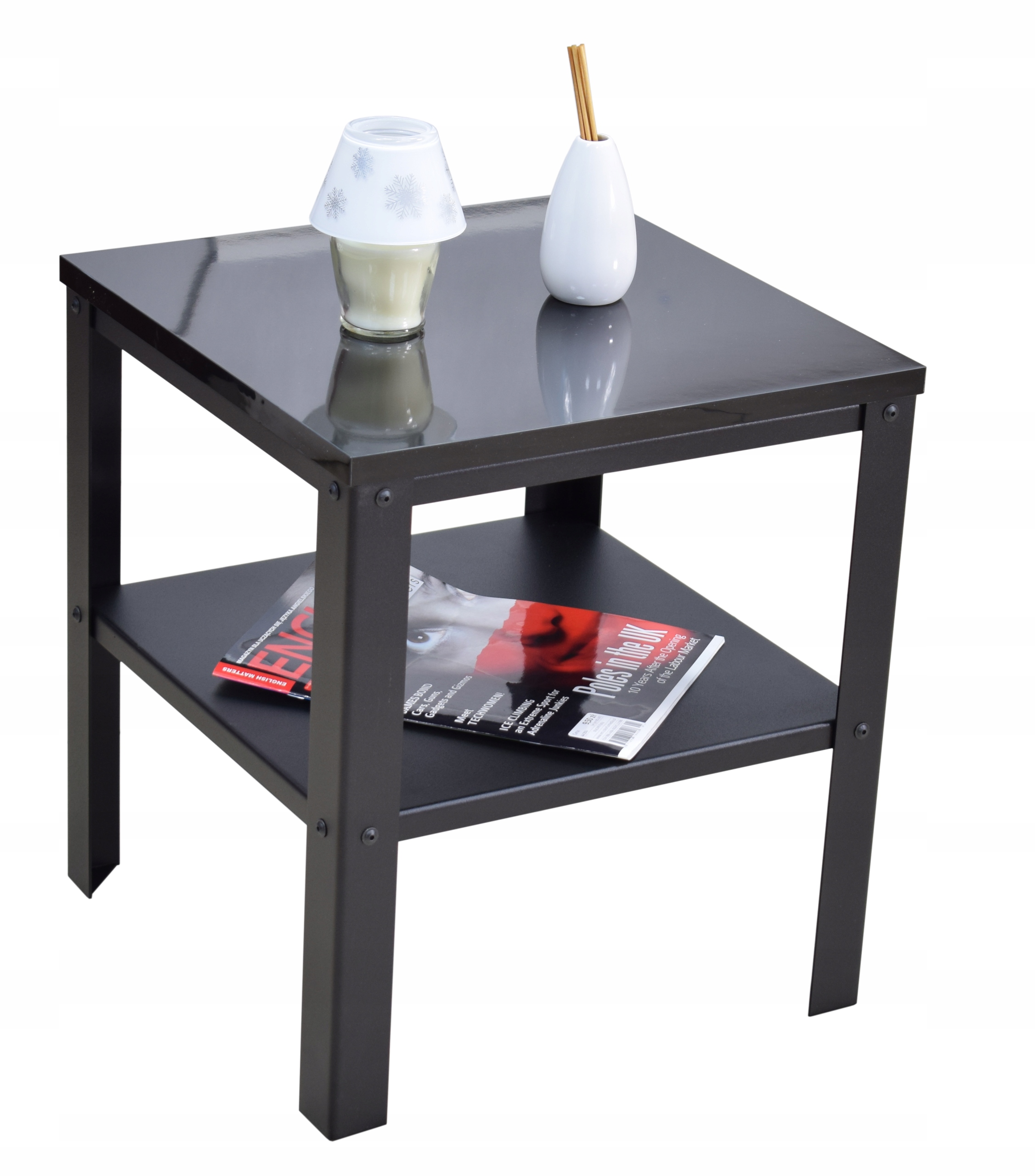 Stolik Nocny Skręcany Z Półką Loft Sypialnia 40x40x45 Czarny+Czarny Połysk
