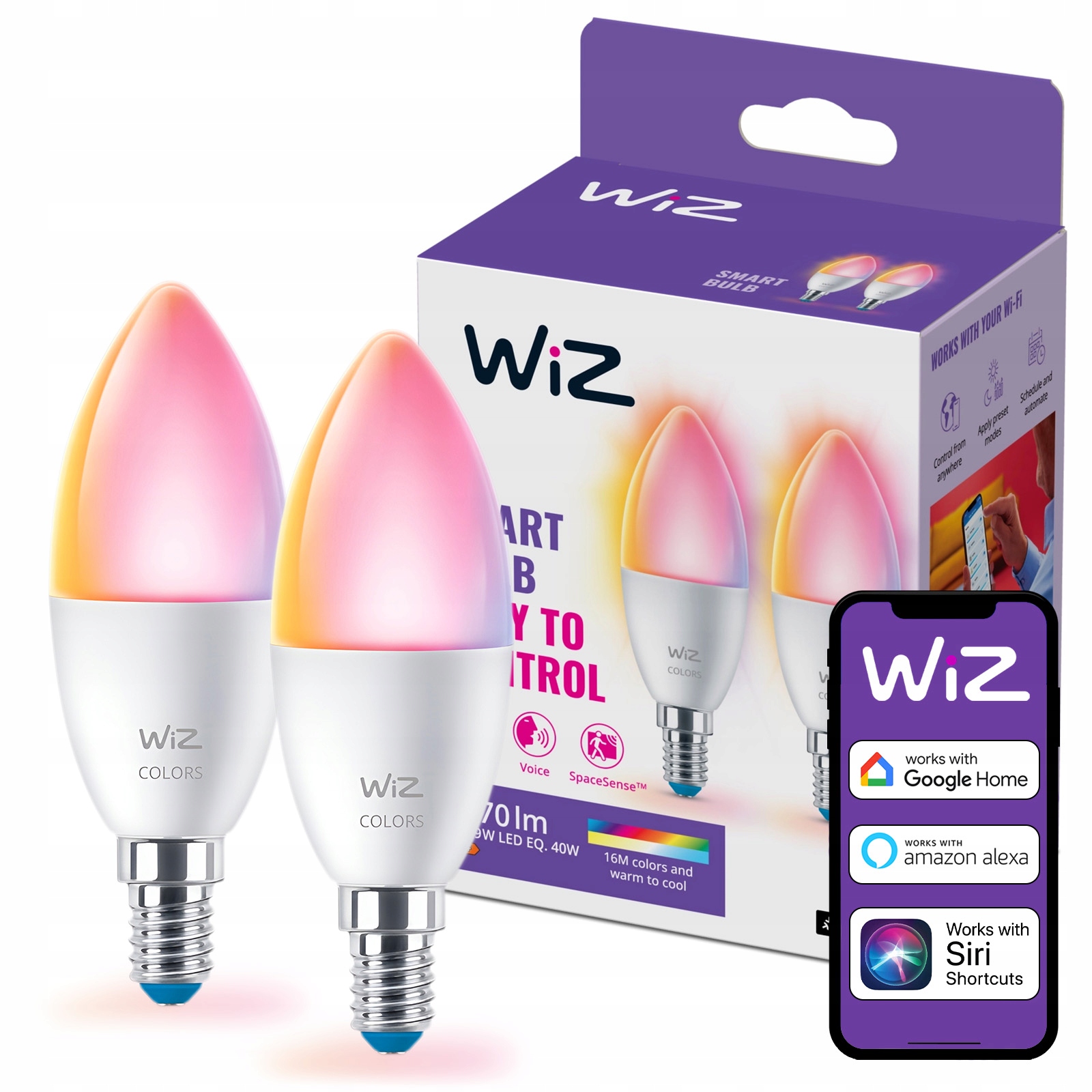 2x Led žárovka E14 Svíčka 4,9W 40W 2200-6500K Rgb Smart WiFi Aplikace WiZ