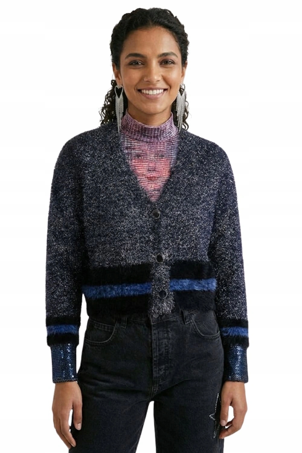 Dámský svetr Desigual kardigan s krátkými glamour manžetami, kontrastní vel.