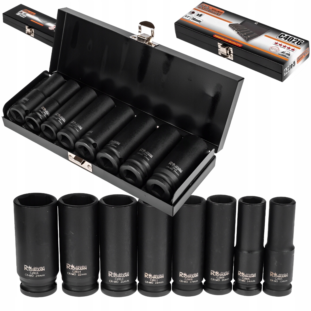 Sada Dlouhých Nástavců Pro Ráčnu Na Rázové Klíče 1/2'' 13-24 mm 8 Dílů
