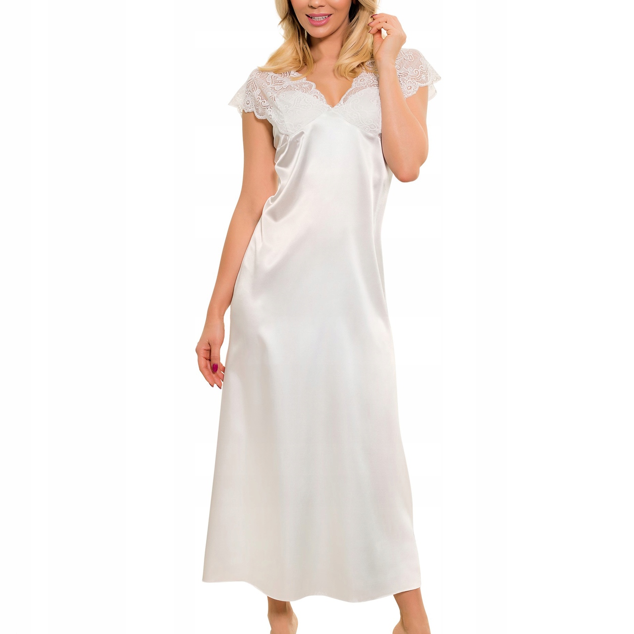 Sexy Tričko Noční Halka Mactan L Ecru Dlouhá ze saténu s krajkou Pyžamo