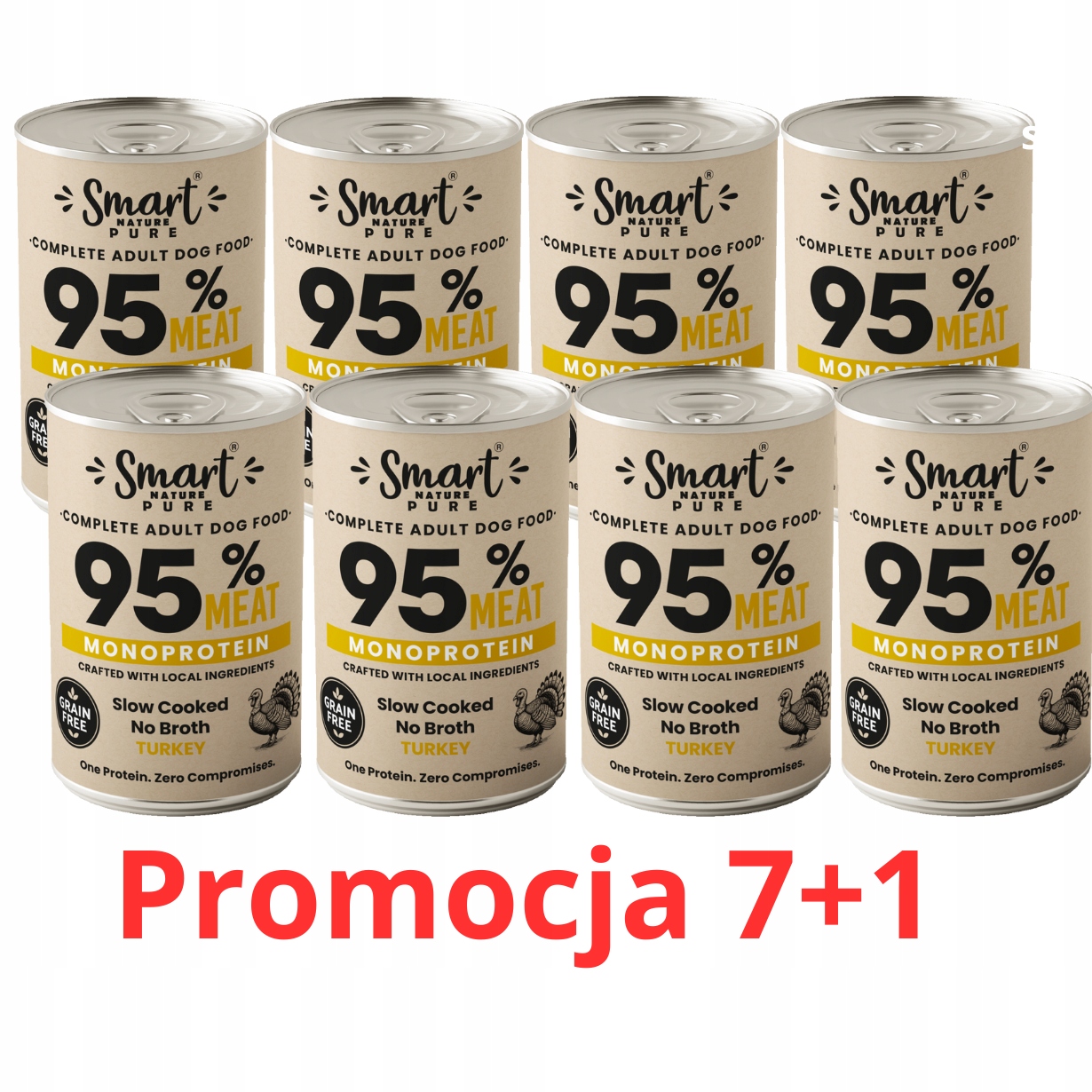 Smart Nature Pure Turkey 95% Masa Monoproteinové krmivo pro psy Balíček 7+1
