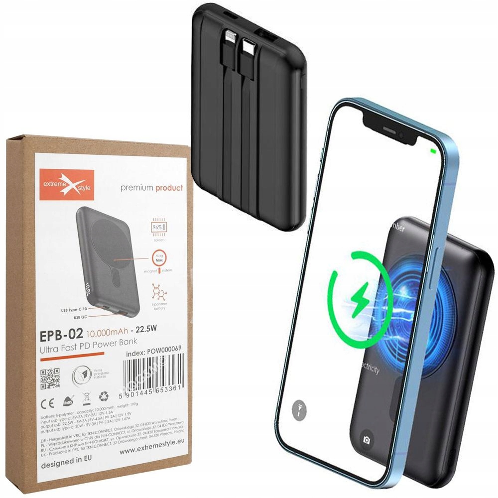 PowerBank Es s kabely Usb-c Lightning a MagSafe pro iPhone 15W 10000mAh