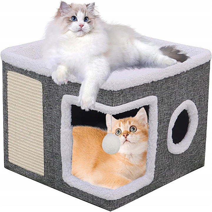 Levně Domeček Pro Kočky 2-ÚROVŇOVÝ Pelíšek Skládací Budka Škrabadlo Šedý Luxusní