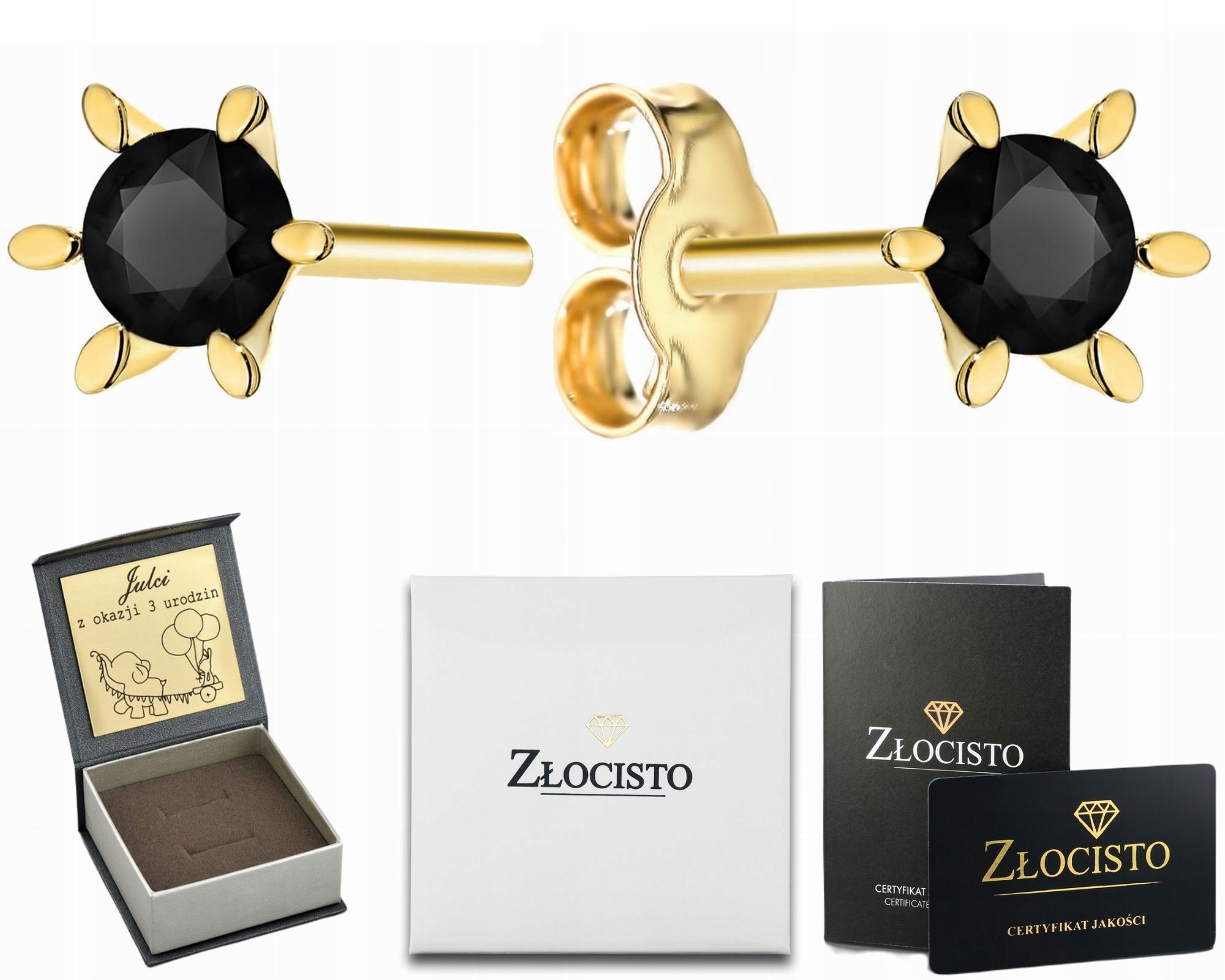 Zlaté Náušnice S Černým Kamenem V Šesti Tlapkách 585 Tyčinky Dárek