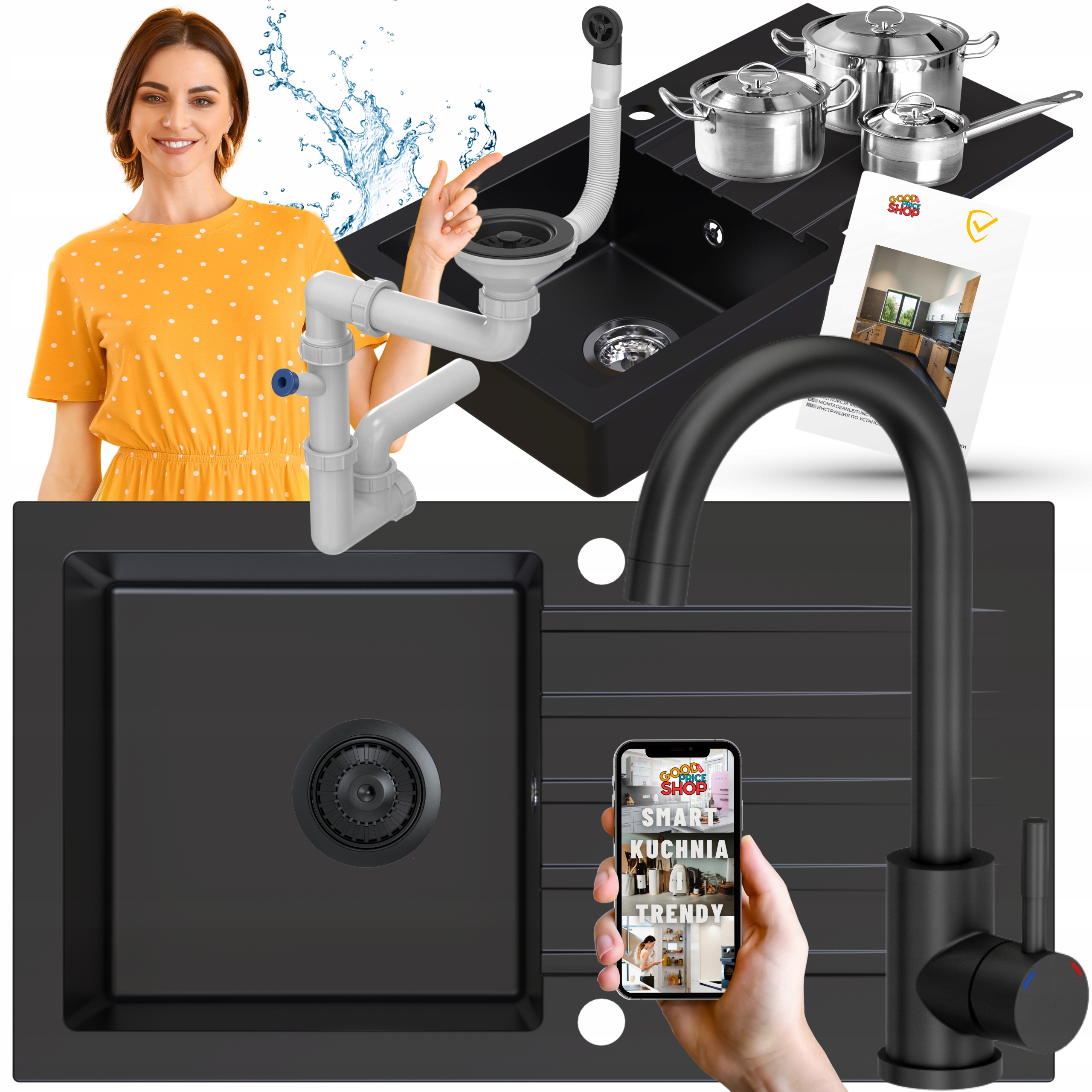 Granitový Dřez Jednokomorový Odkapávač Černý Sada Sifon Baterie