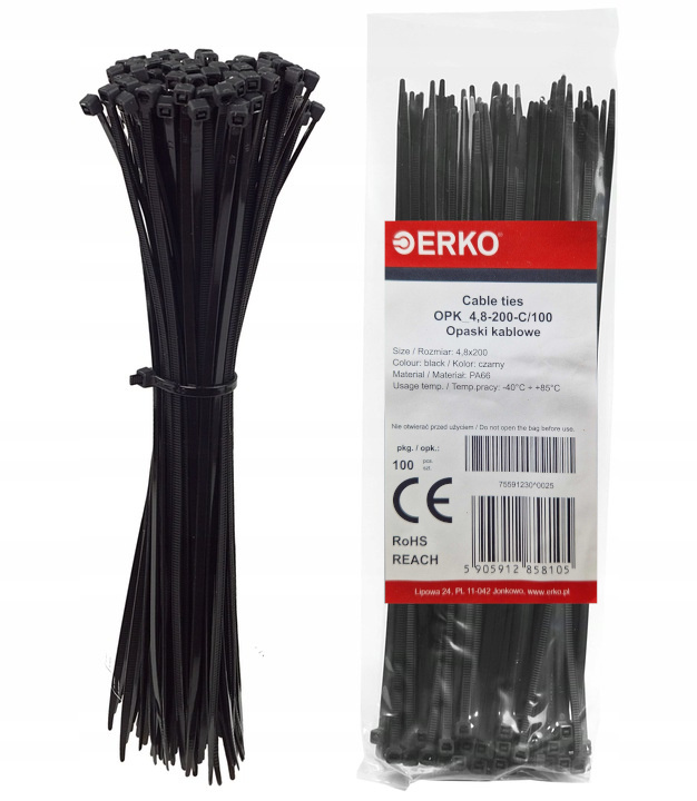 Opaski Kablowe Zaciskowe Czarne Trytki Trytytki 4,8x200 Erko 100 Sztuk
