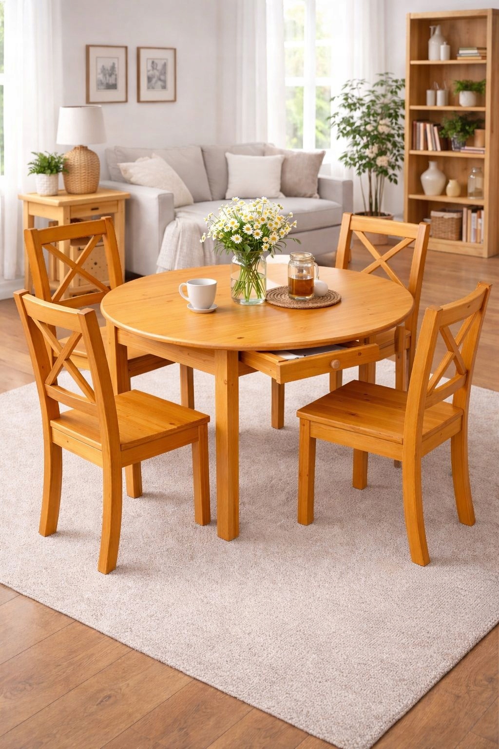 Dřevěný Stůl Z Borovice Kulatý Se Zásuvkou 110 Do Kuchyně Obývacího Pokoje Olše