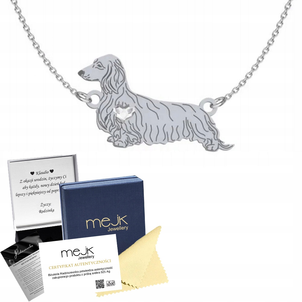 Stříbrný náhrdelník Jezevčík dlouhosrstý 925 Dárek Žena Řetízek Gravírování