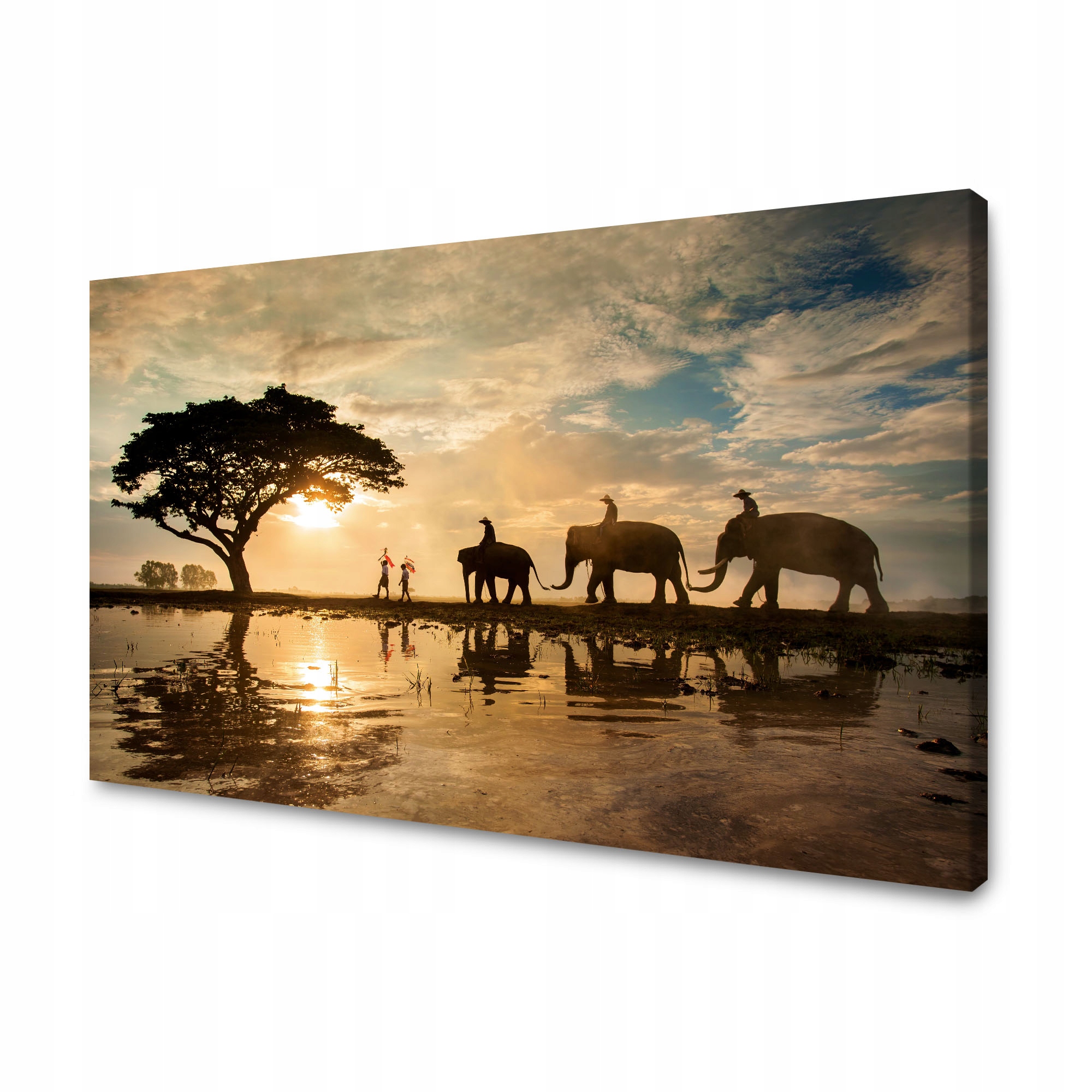 Obraz na plátně Lidé na slonech Západ slunce Afrika Savana 120x70 cm