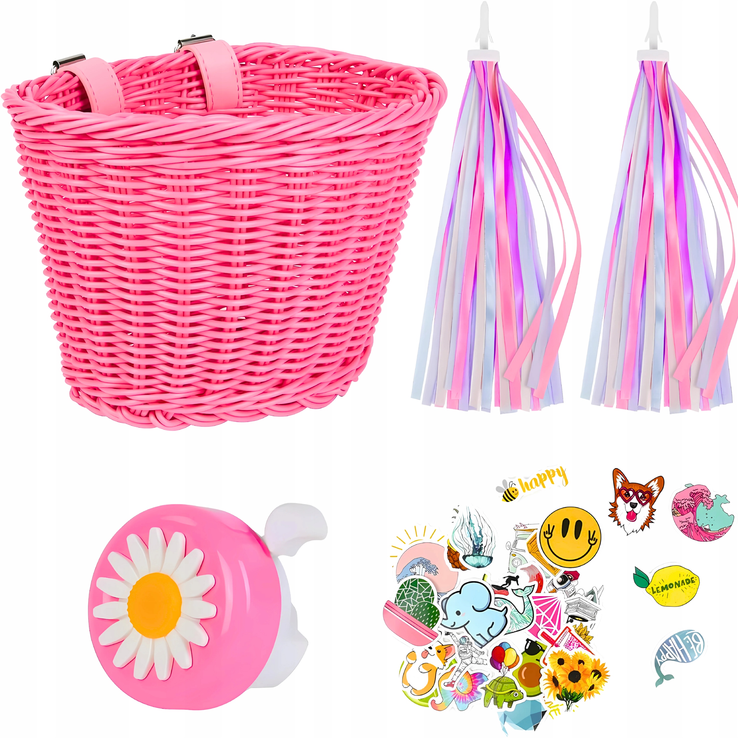 Zestaw Rowerowy Koszyk Różowy na Kierownicę Frędzle Dzwonek Naklejki