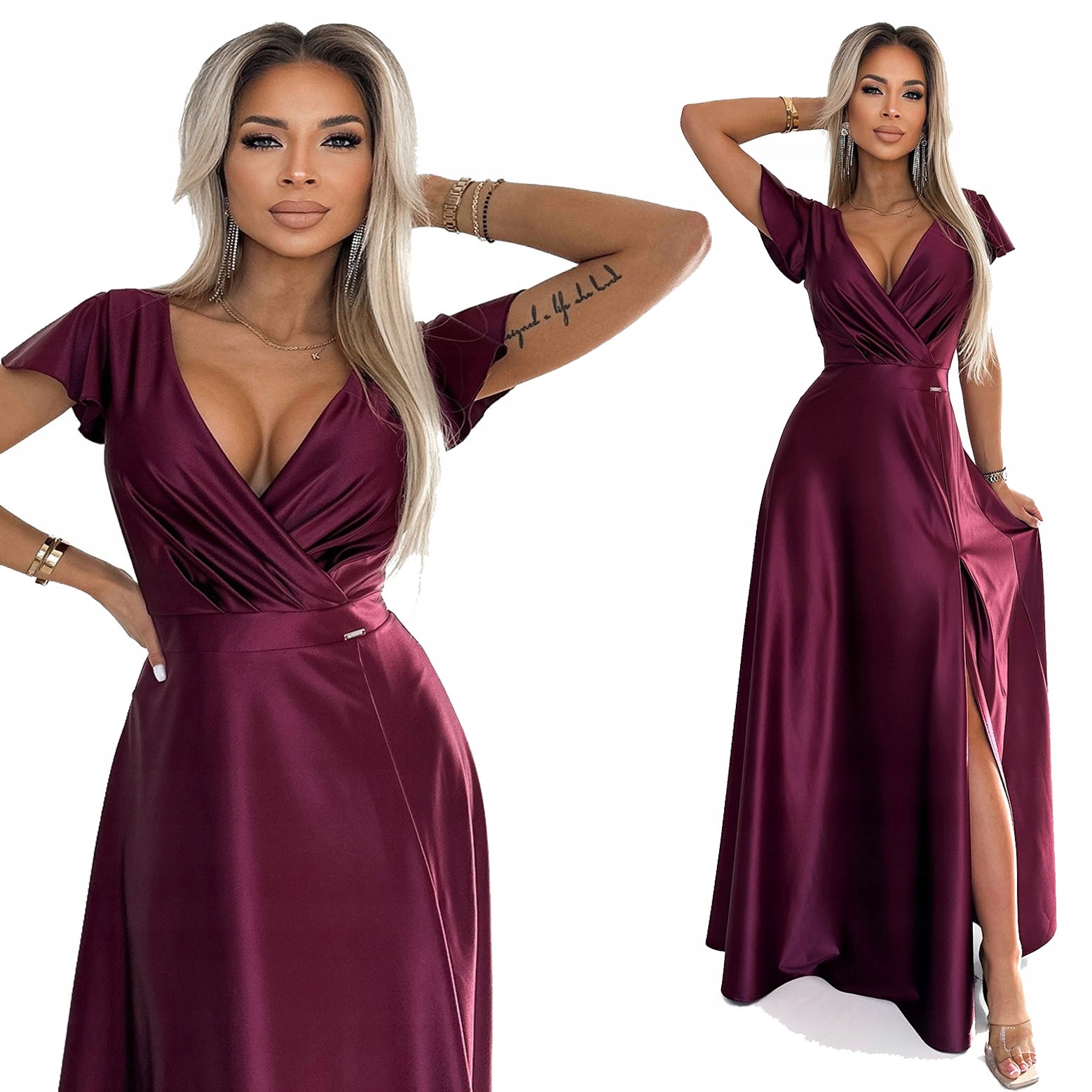 Efektní Dlouhá Maxi Saténová Plesová Sukně S Zavinovacím Výstřihem Bordó Xs