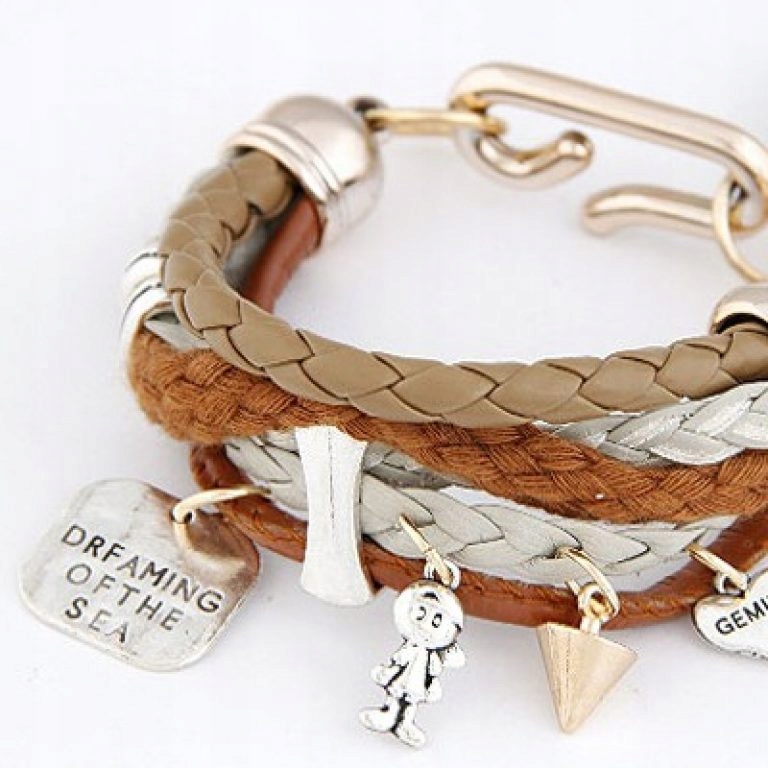 Bransoletka Skórzana Brązowa Złota Charms Materiał Inny