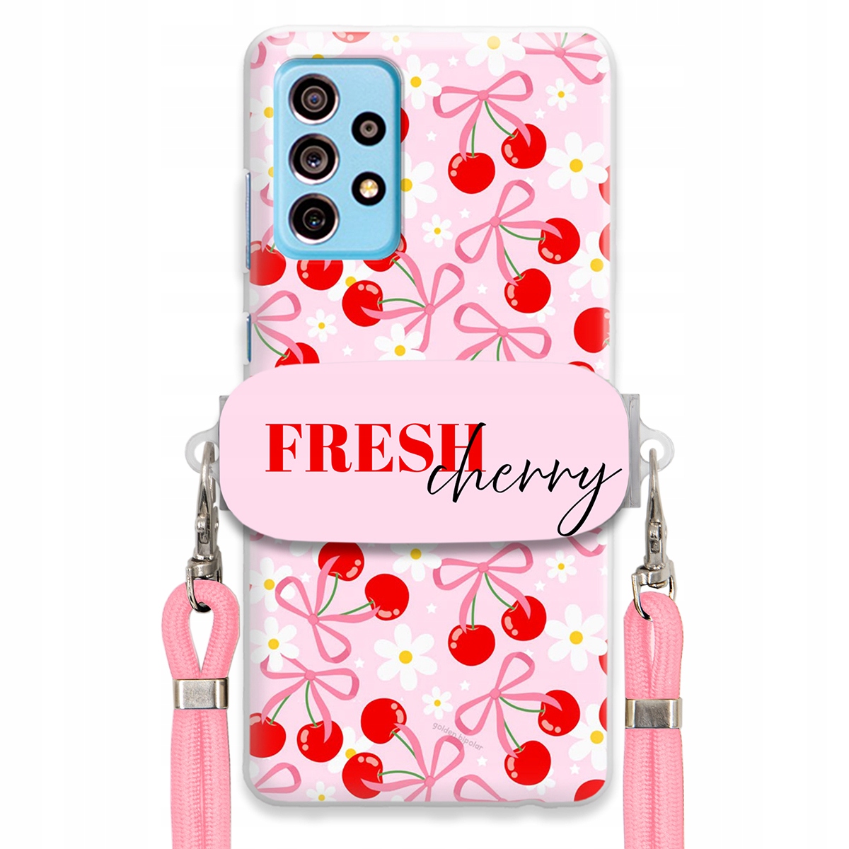 Pouzdro pro Samsung A73 5G Case Držák Šňůrka Růžová Fresh Cherry Kokardy