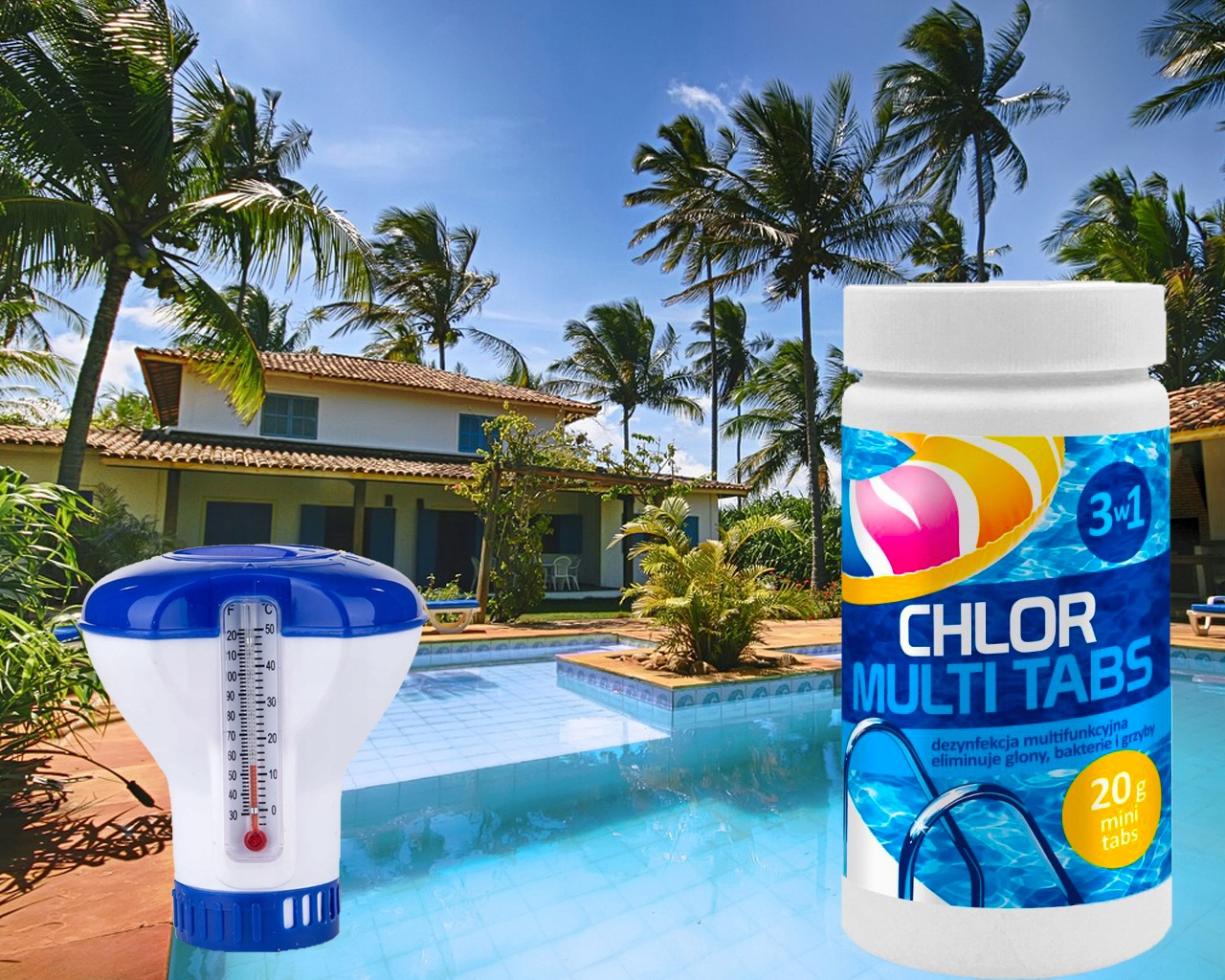 ZESTAW MULTI TABLETKI BLUE DO BASENÓW CHLOR PŁYWAK Z TERMOMETREM Producent 4Bee